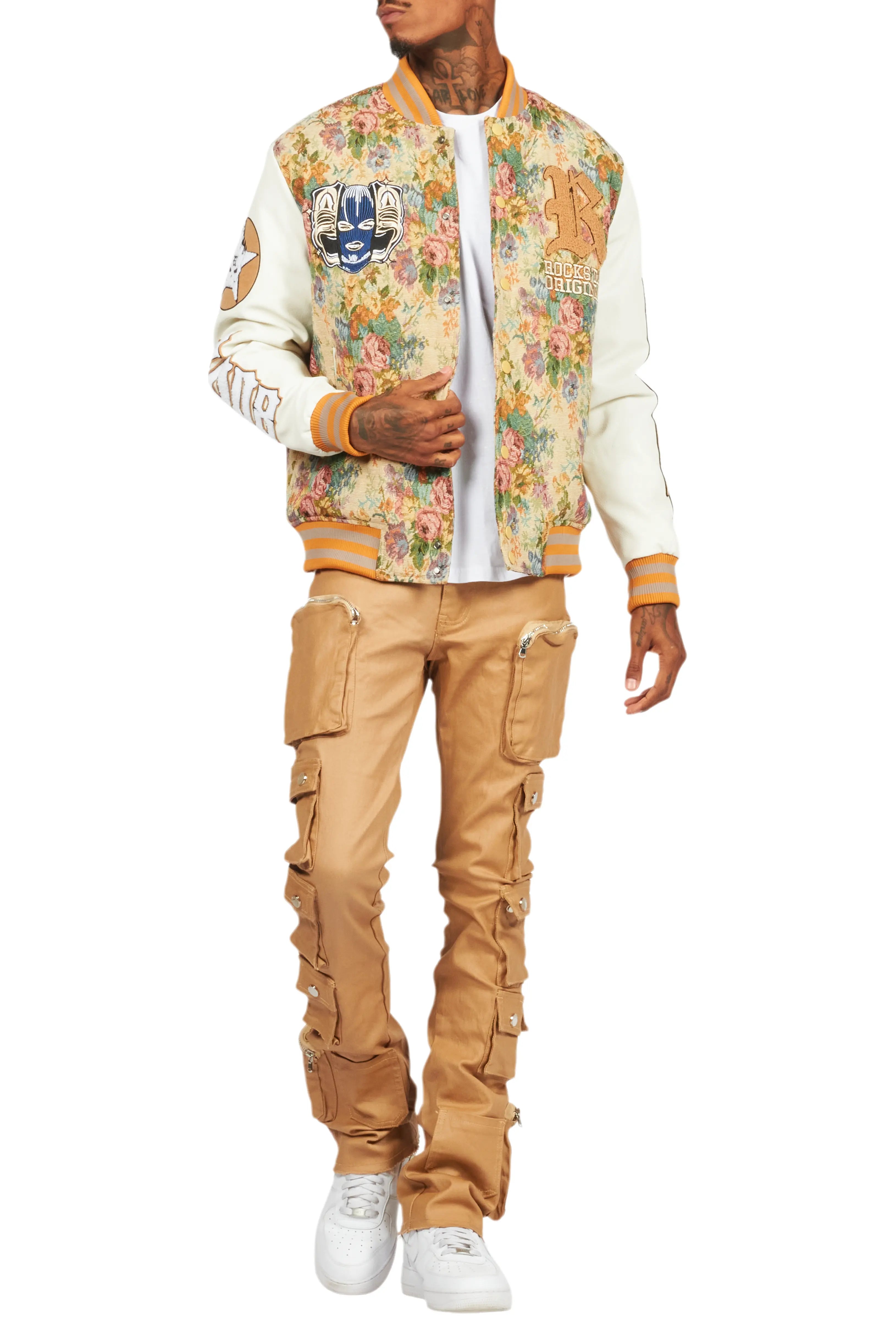 Doron Beige Tapestry Varsity Jacket
