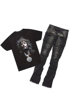 Amina Black Washed T-Shirt Stacked Flare Jean Set