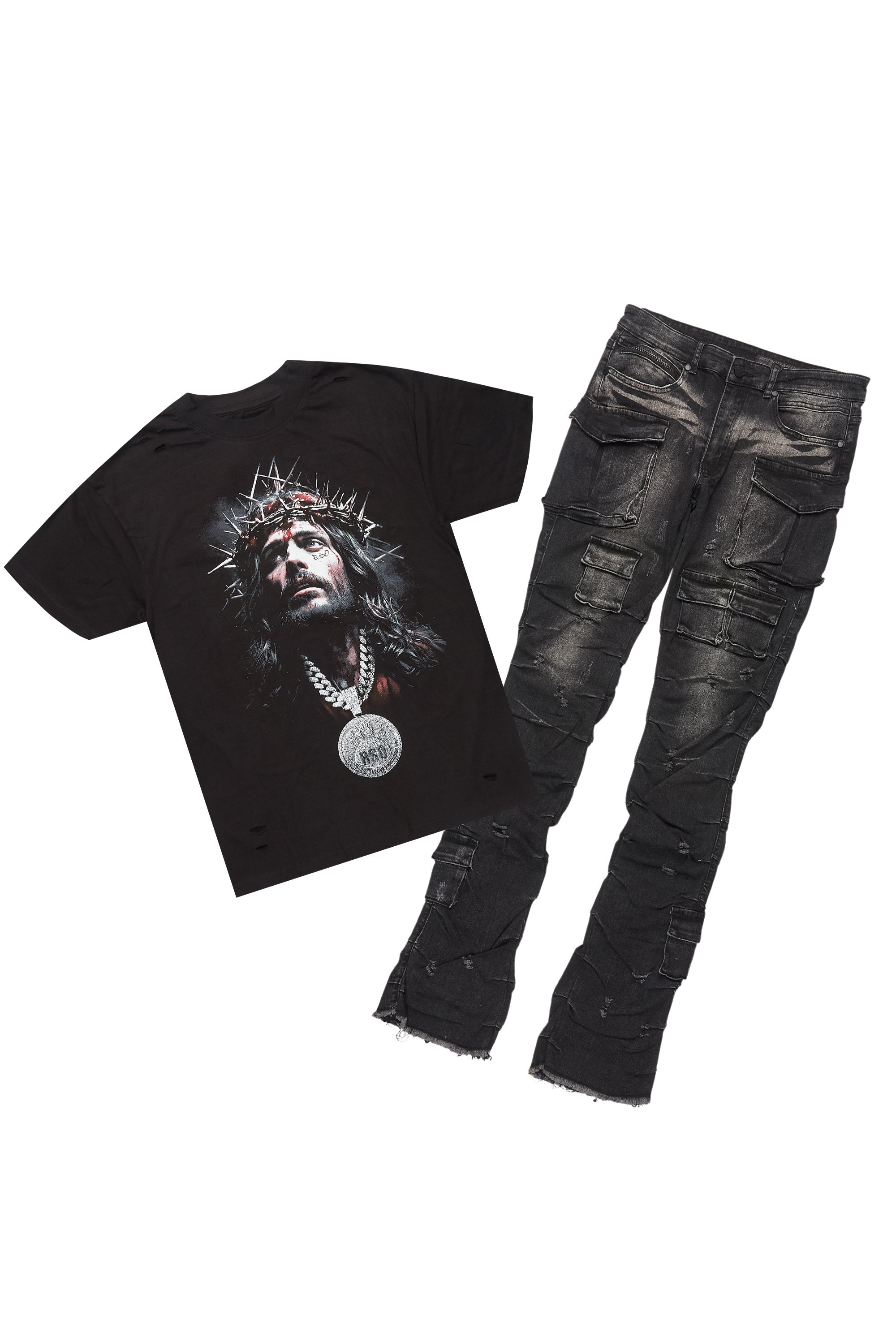 Amina Black Washed T-Shirt Stacked Flare Jean Set
