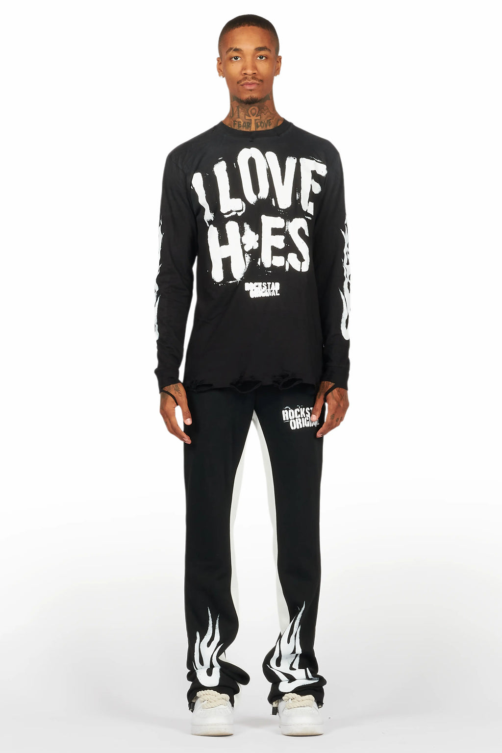 Banyan Black/White Long Sleeve T-Shirt/Stacked Baggy Track Pant Set