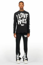 Banyan Black/White Long Sleeve T-Shirt/Stacked Baggy Track Pant Set