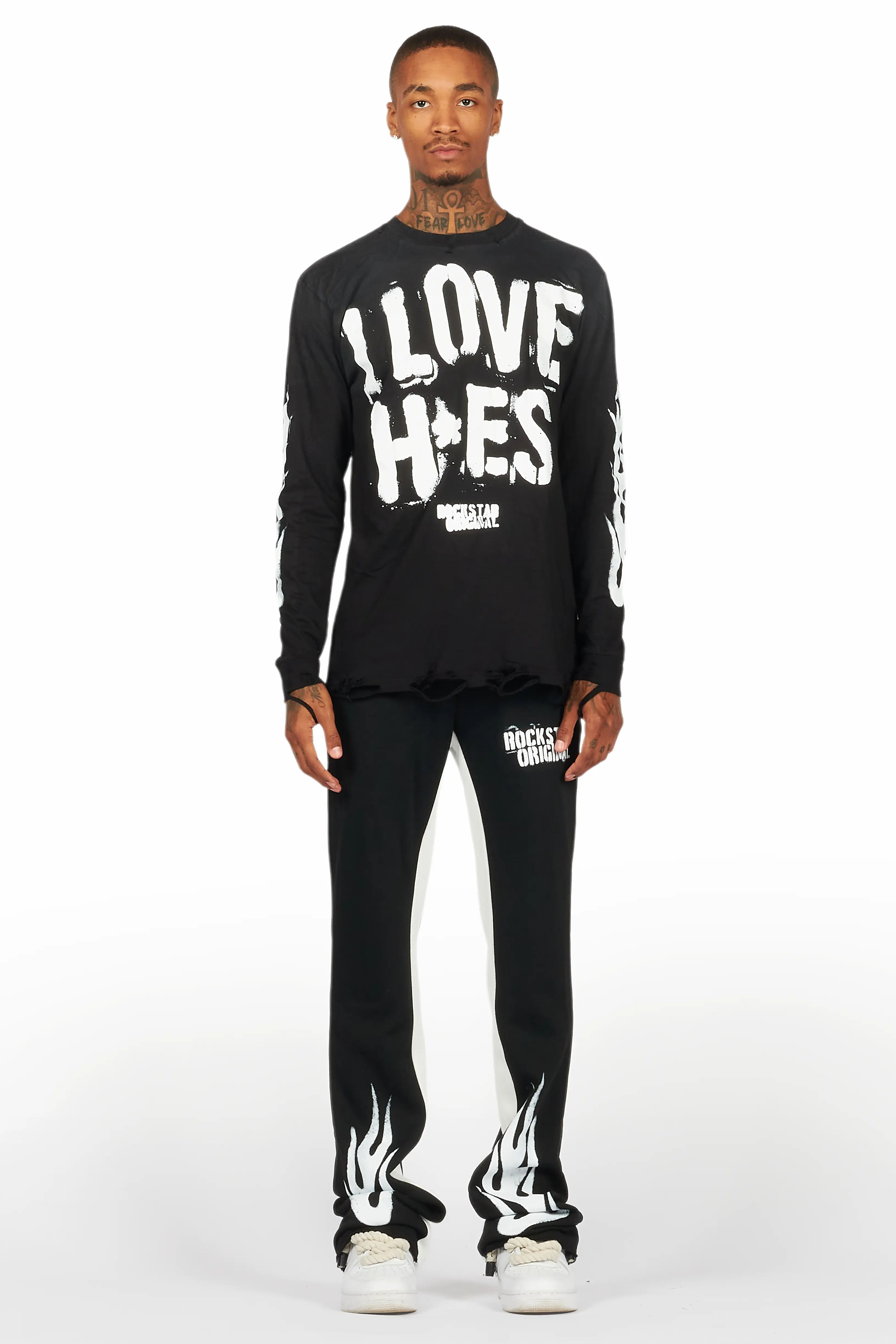 Banyan Black/White Long Sleeve T-Shirt/Stacked Baggy Track Pant Set