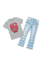 Girls Cassia Grey/Blue T-Shirt/Stacked Flare Jean Set