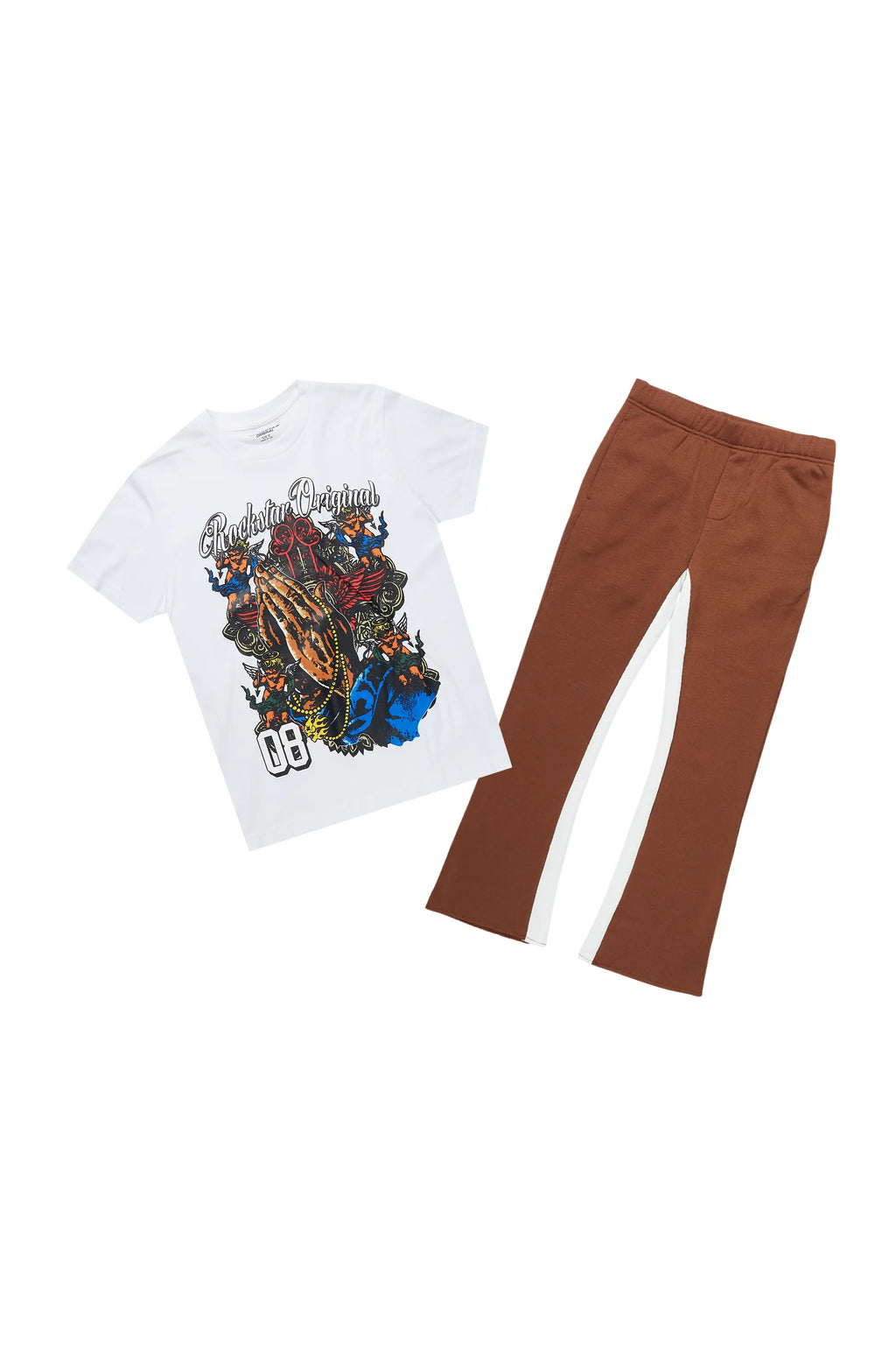 Boys Jalen White/Brown T-Shirt/Stacked Flare Pant Set