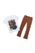 Boys Jalen White/Brown T-Shirt/Stacked Flare Pant Set