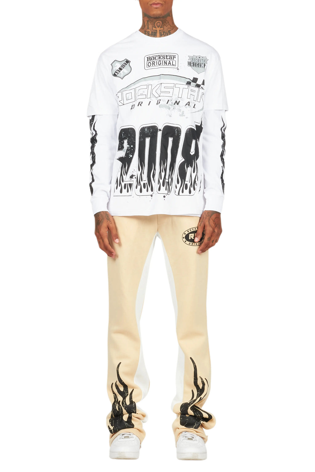 Amos White/Beige Double Layer T-Shirt/Stacked Baggy Pant Set