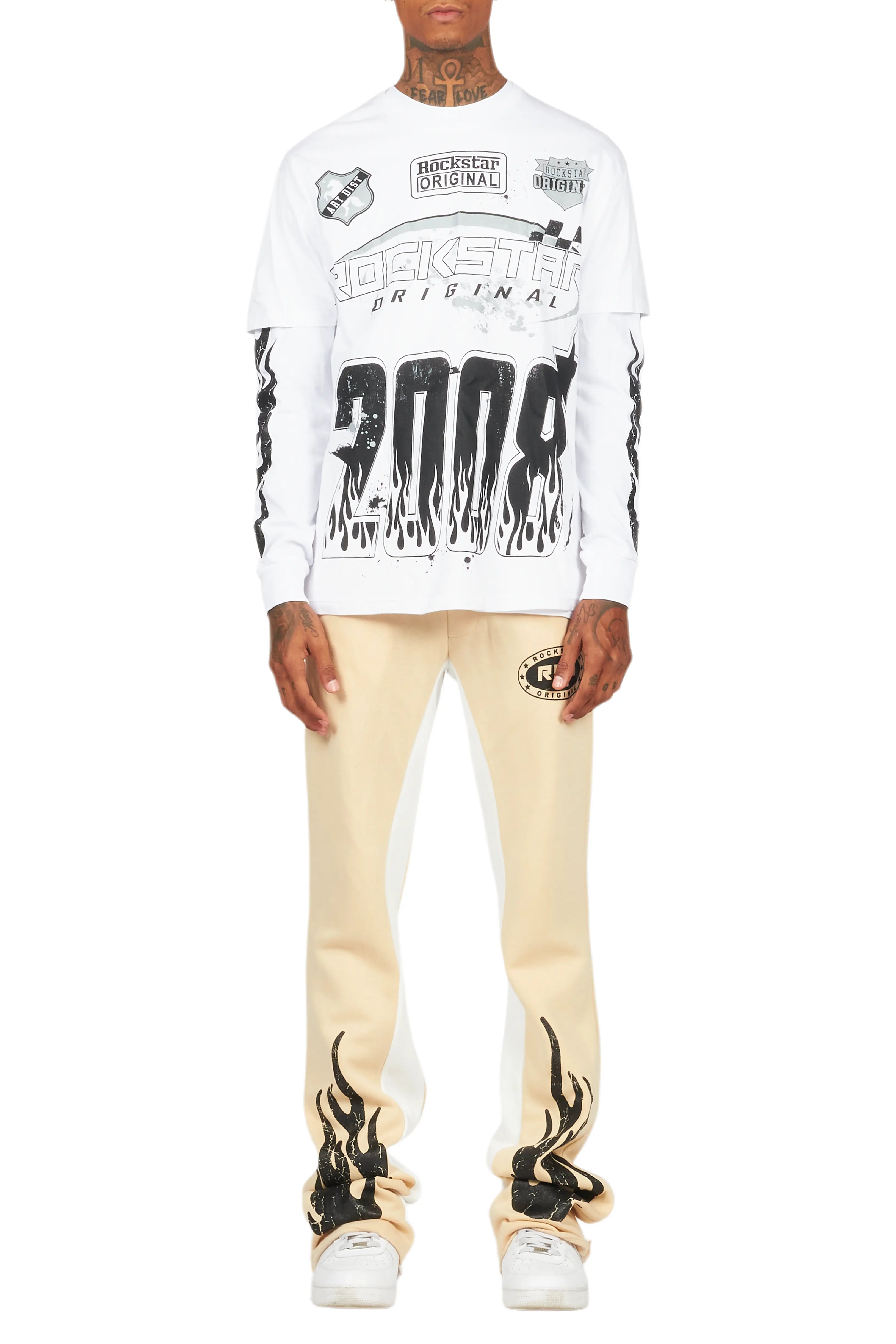 Amos White/Beige Double Layer T-Shirt/Stacked Baggy Pant Set