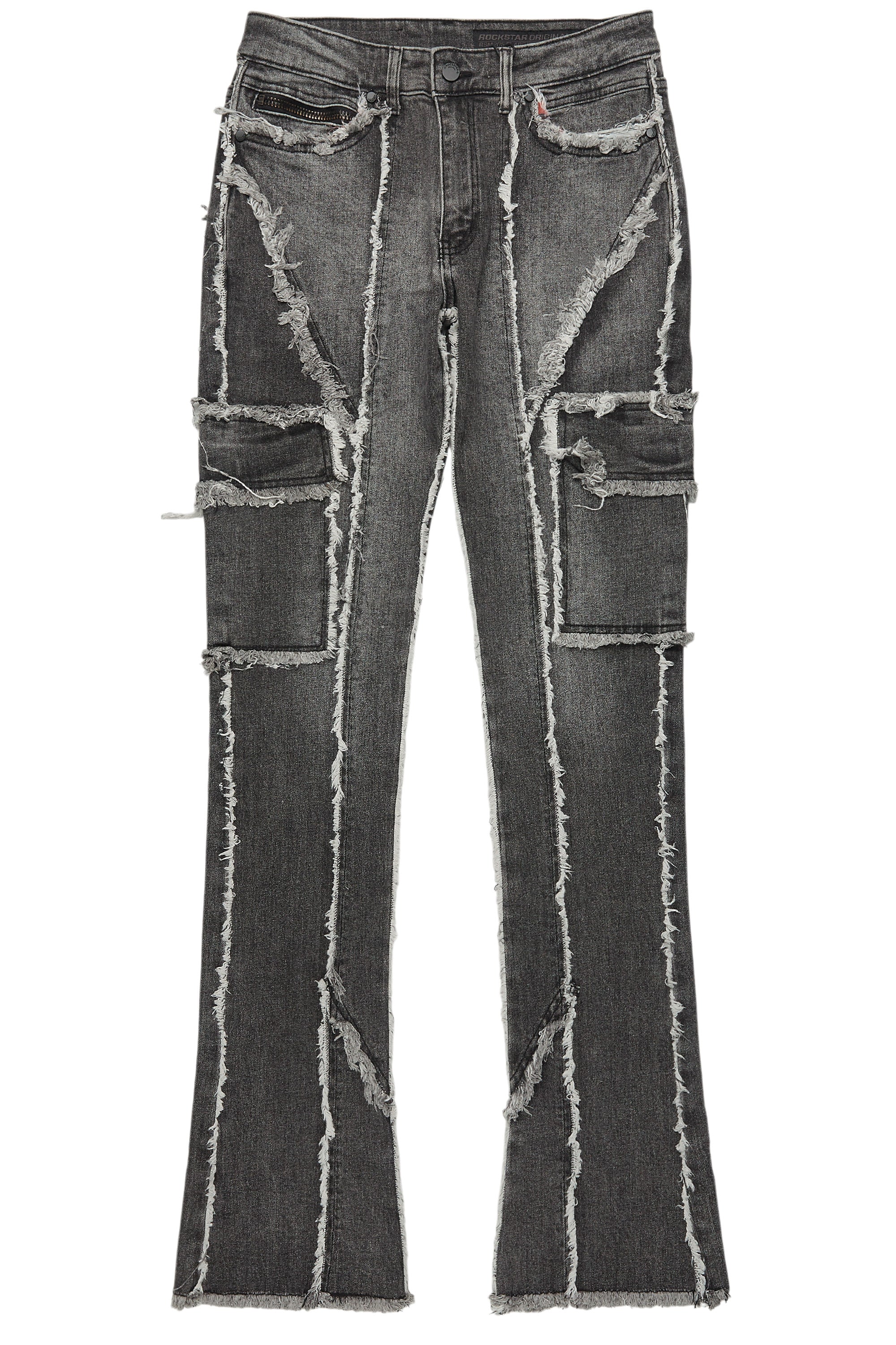 Revved Dark Grey Stacked Flare Jean