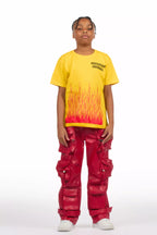 Boys Lenz Red PU Cargo Leather Baggy Fit Jean