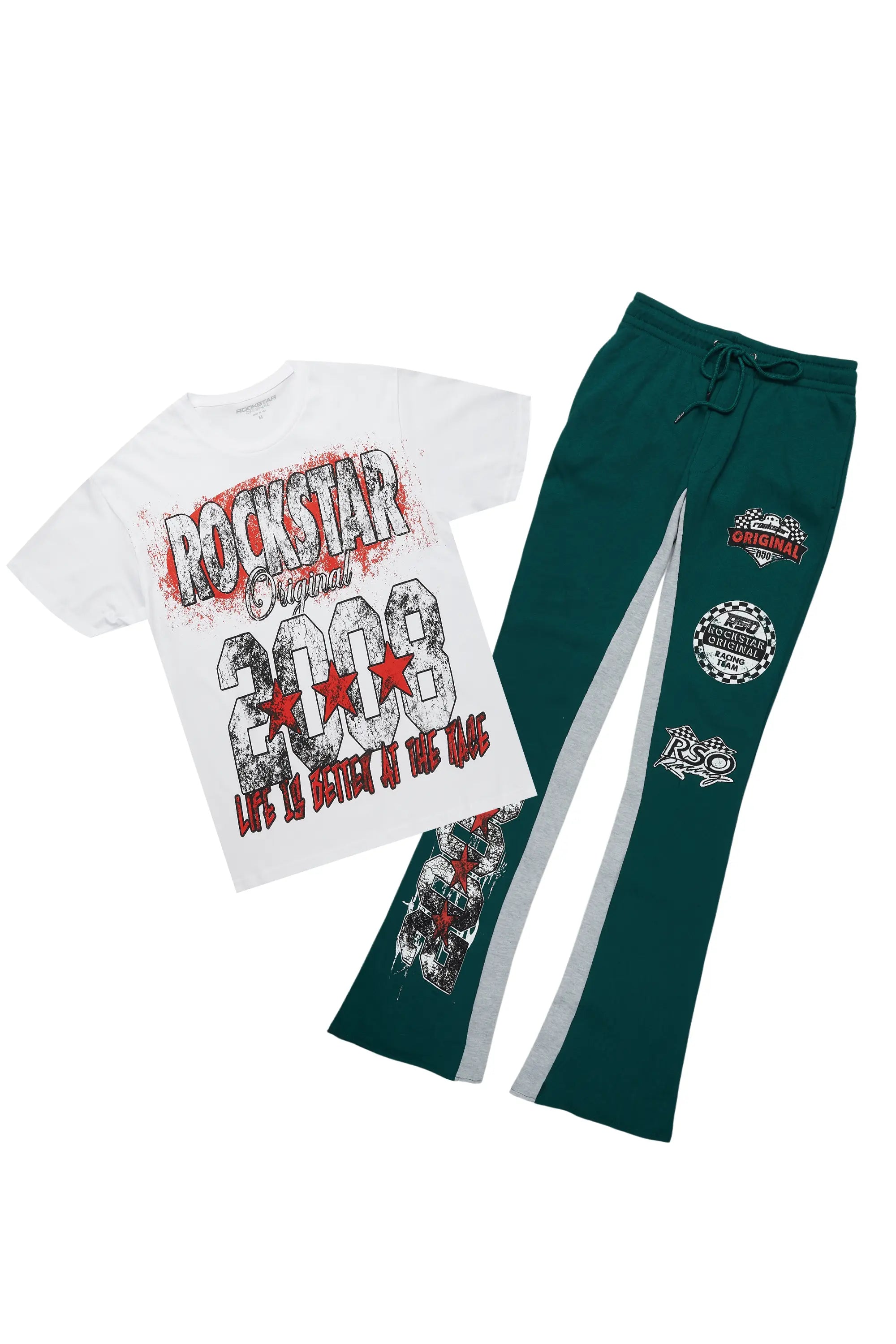 Racing Grung White/Green T-Shirt/Stacked Baggy Track Pant Set
