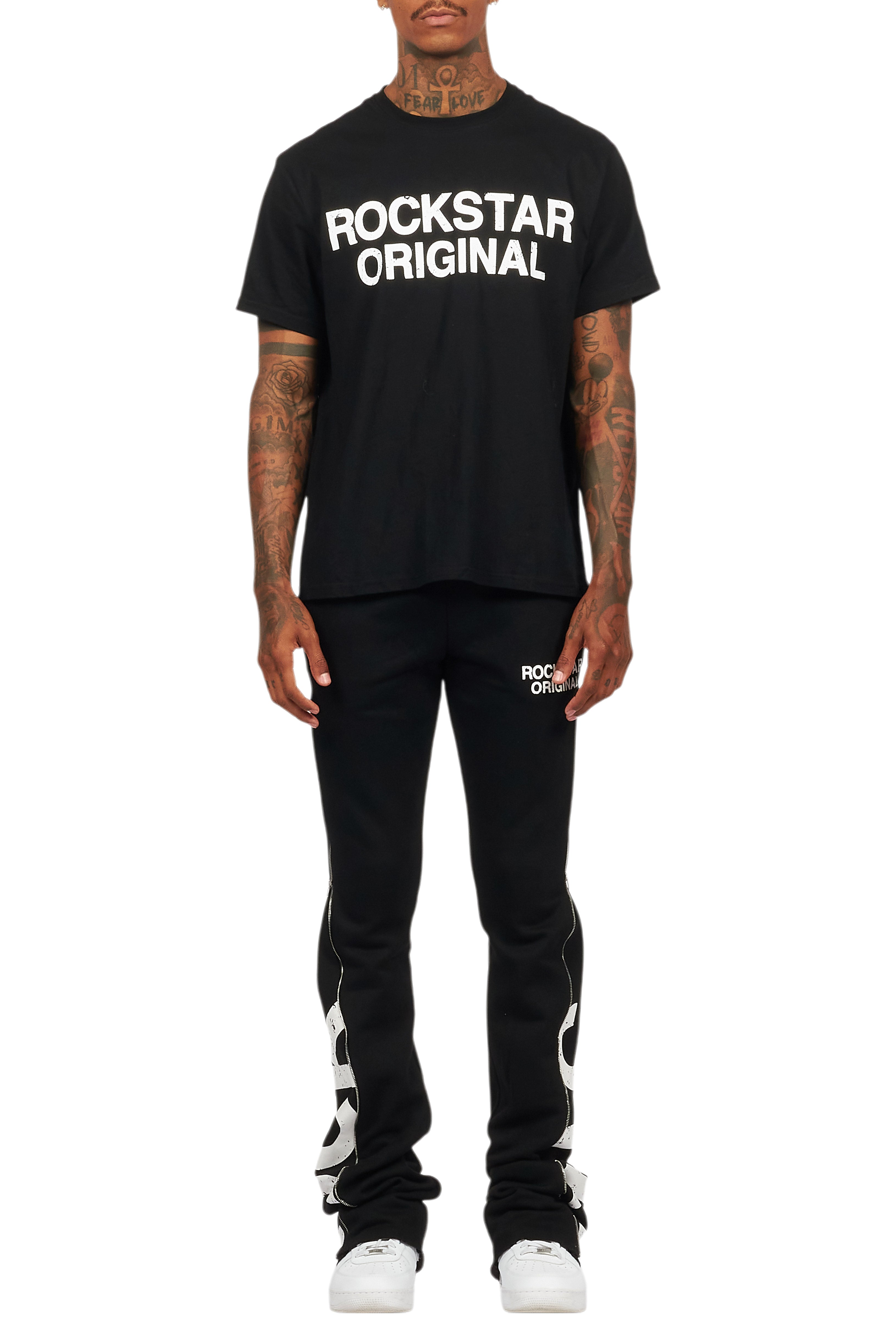 Deniska Black T-Shirt/Baggy Stacked Flare Track Set