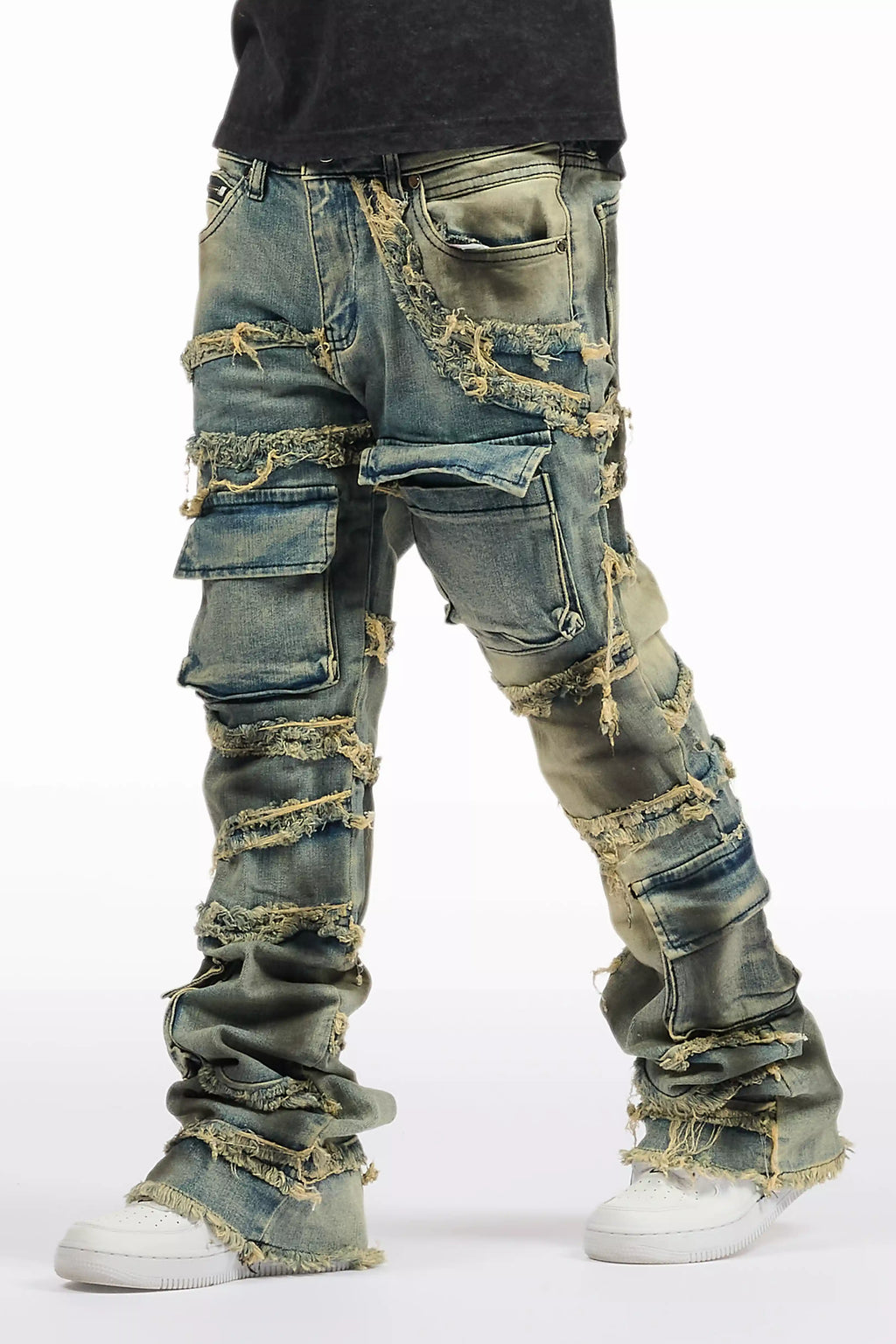 Boys Yves Blue Ripped Stacked Flare Cargo Jeans