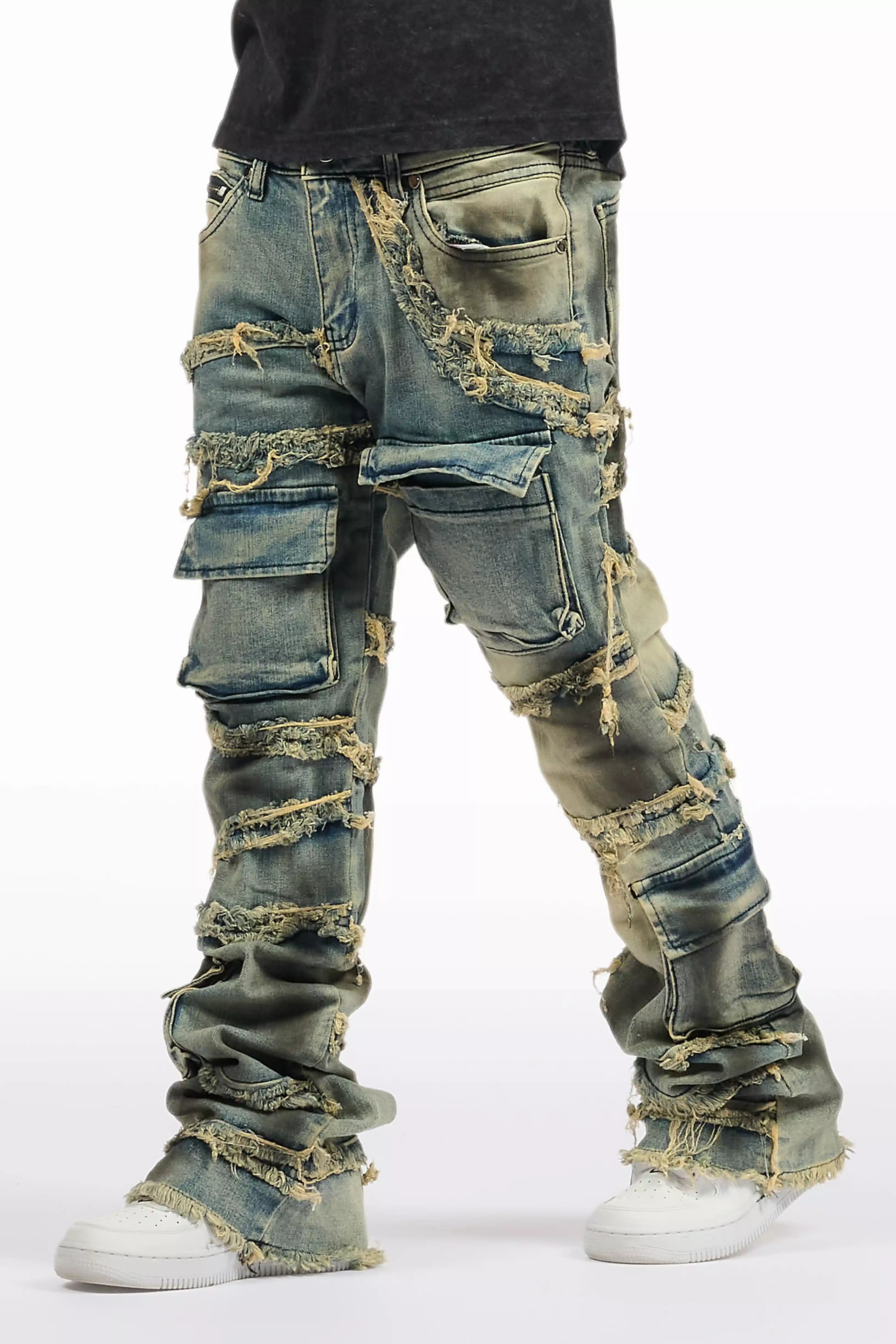 Boys Yves Blue Ripped Stacked Flare Cargo Jeans