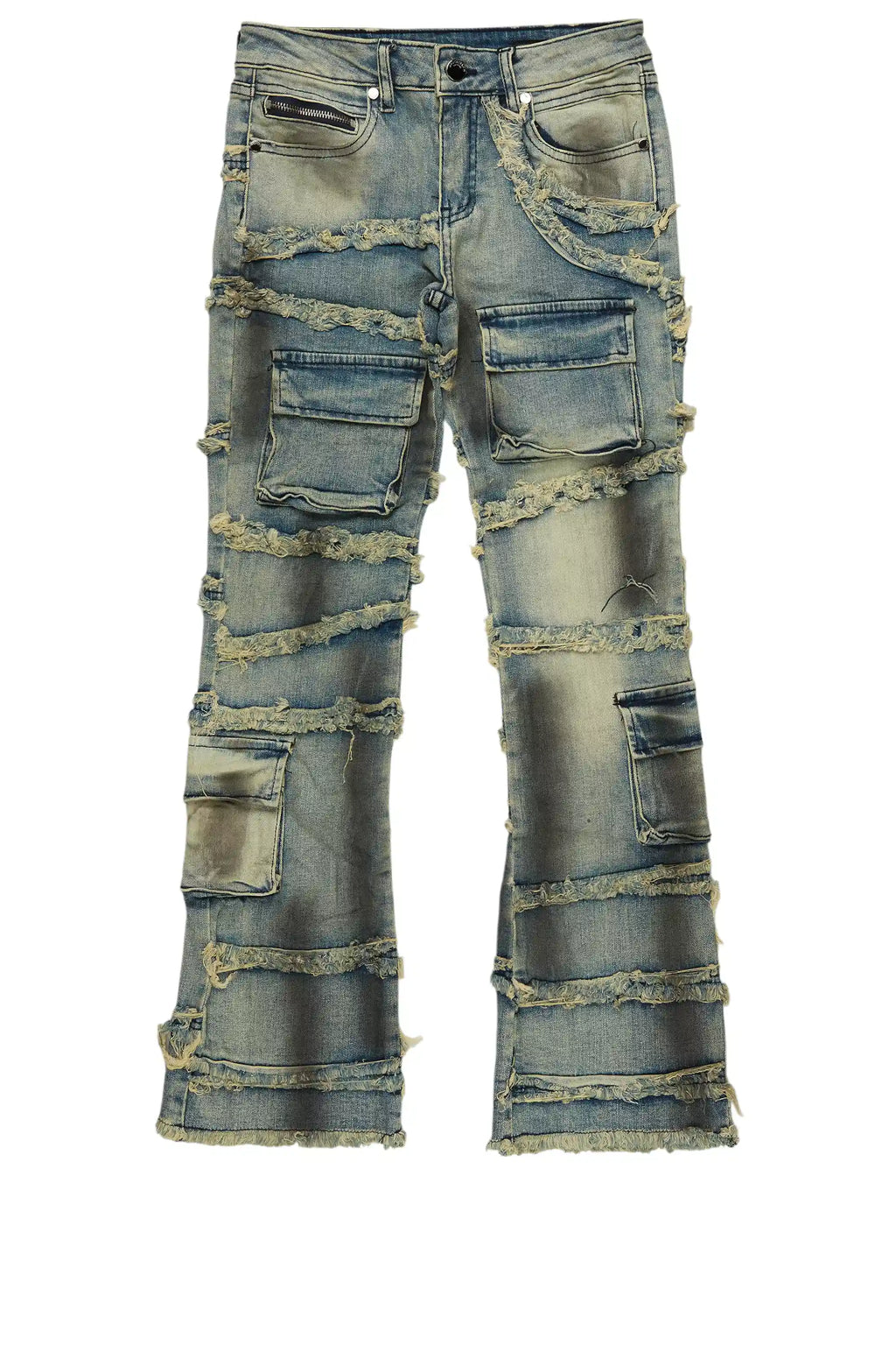 Boys Yves Blue Ripped Stacked Flare Cargo Jeans
