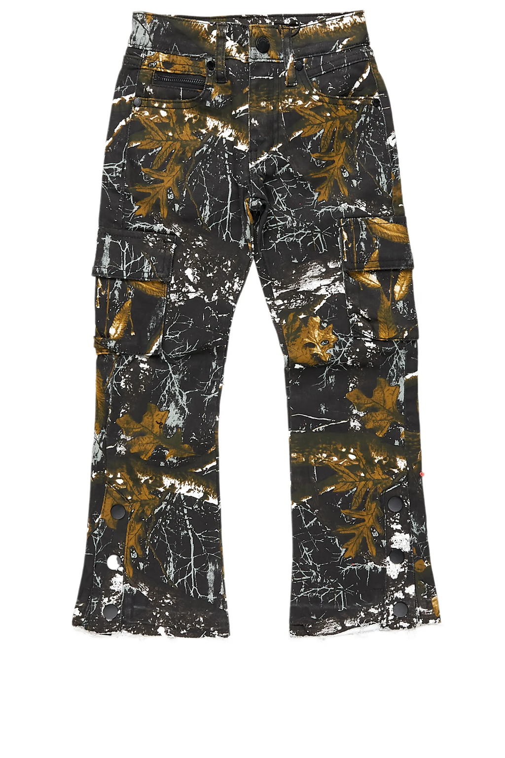 Girls Waapa Black Tree Camo Stacked Flare Cargo Jean