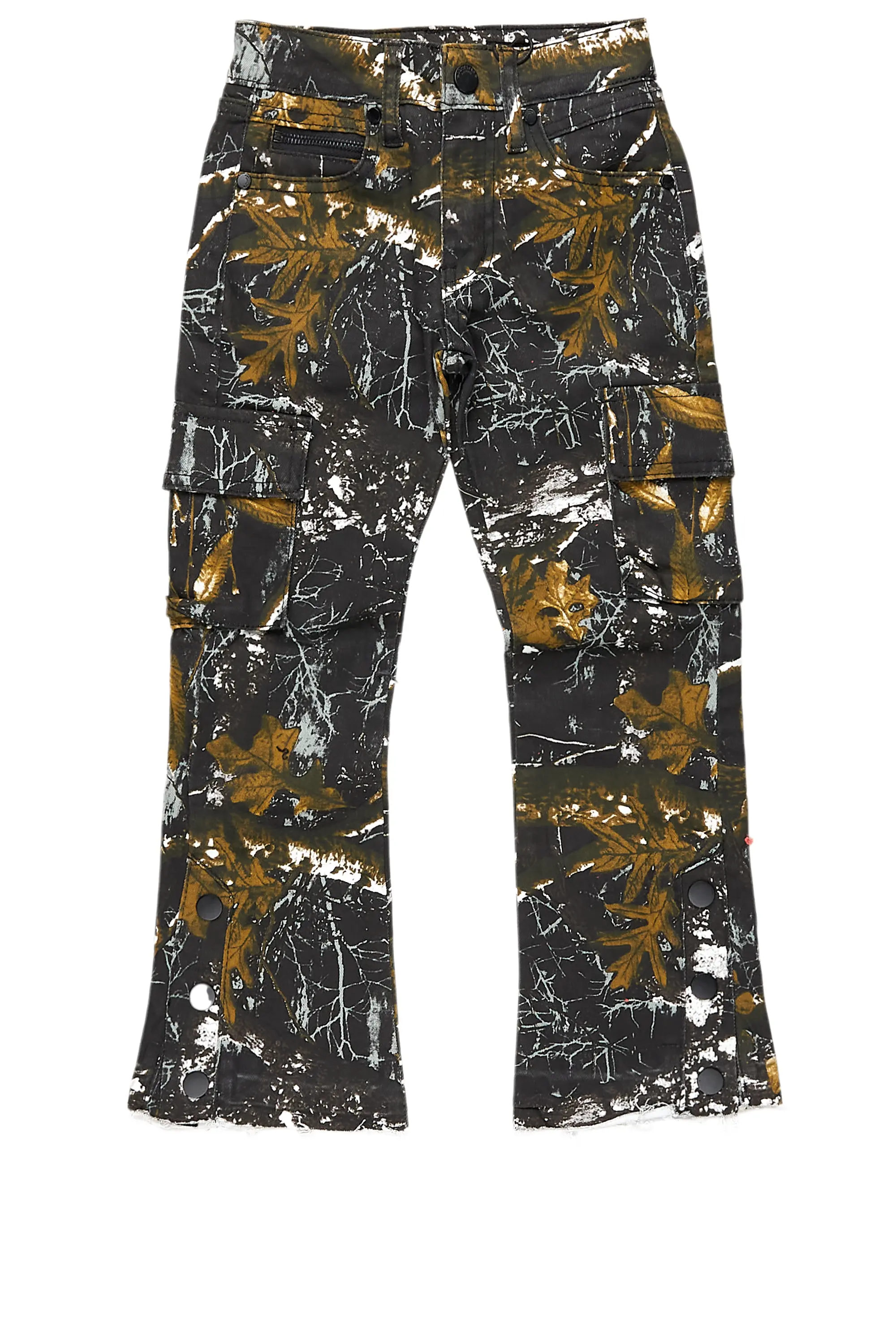 Girls Waapa Black Tree Camo Stacked Flare Cargo Jean