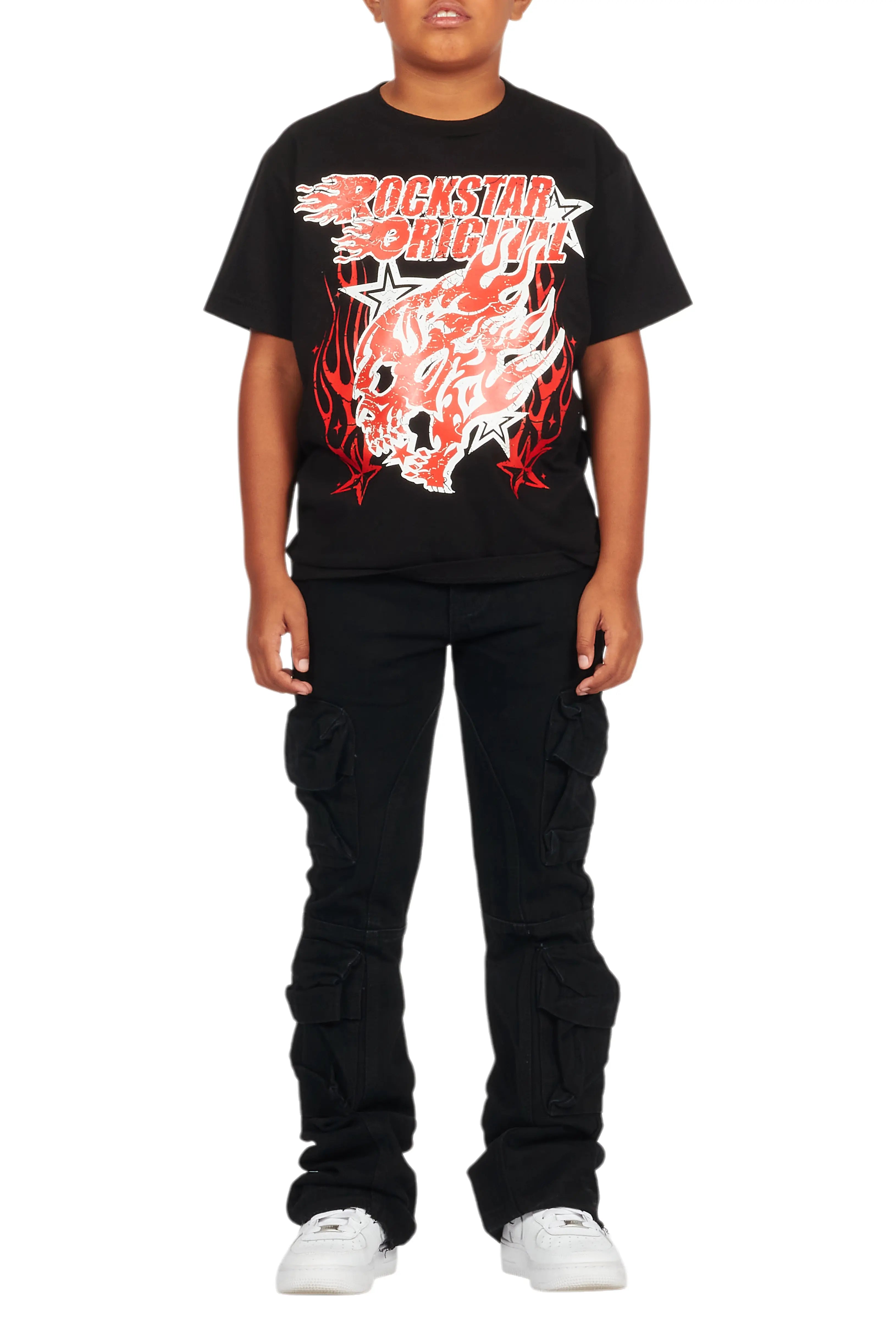 Boys Smitty Black T-Shirt/Stacked Flare Jean Set