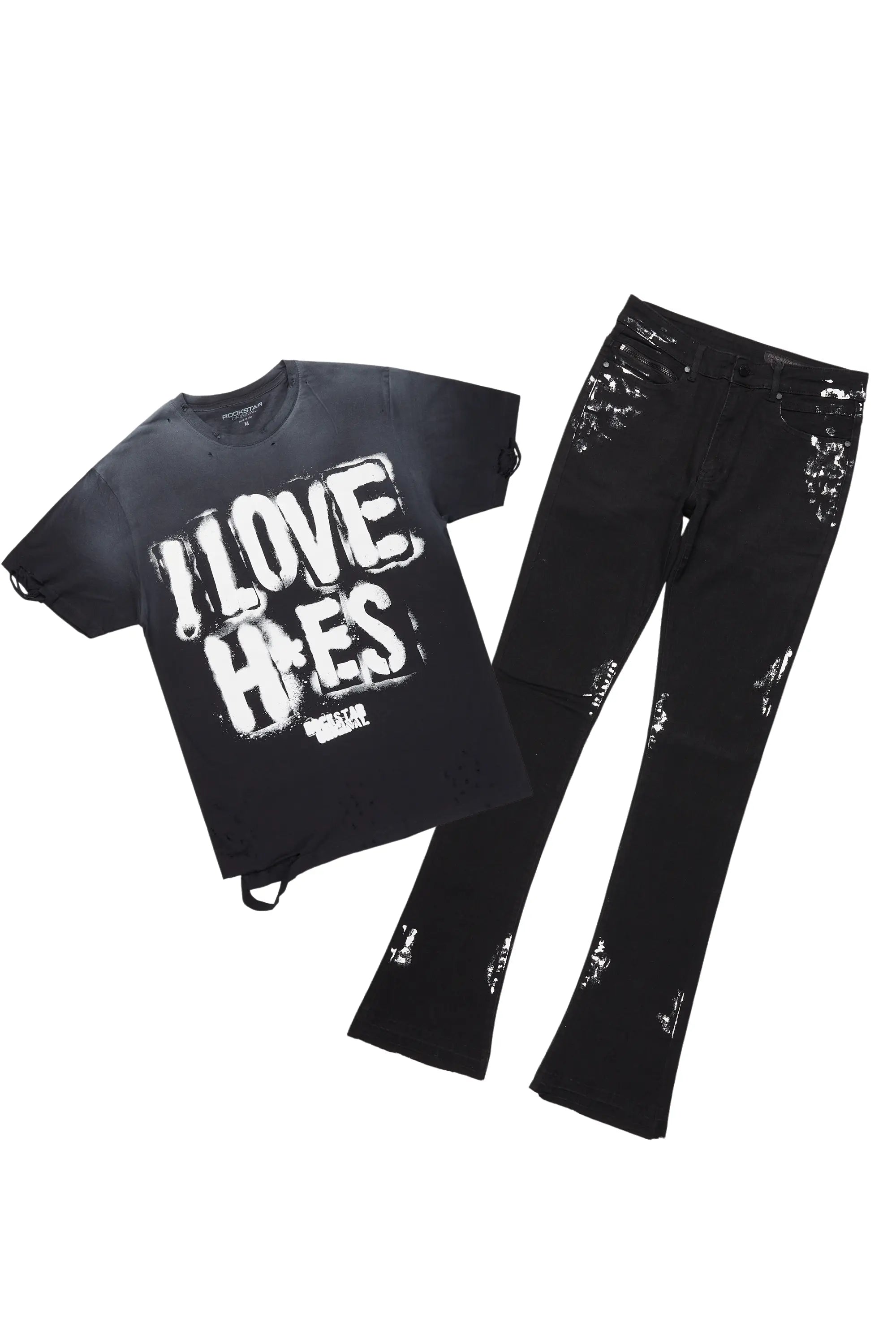 Banyan Black Graphic T-Shirt/Dag Stacked Flare Jean Set