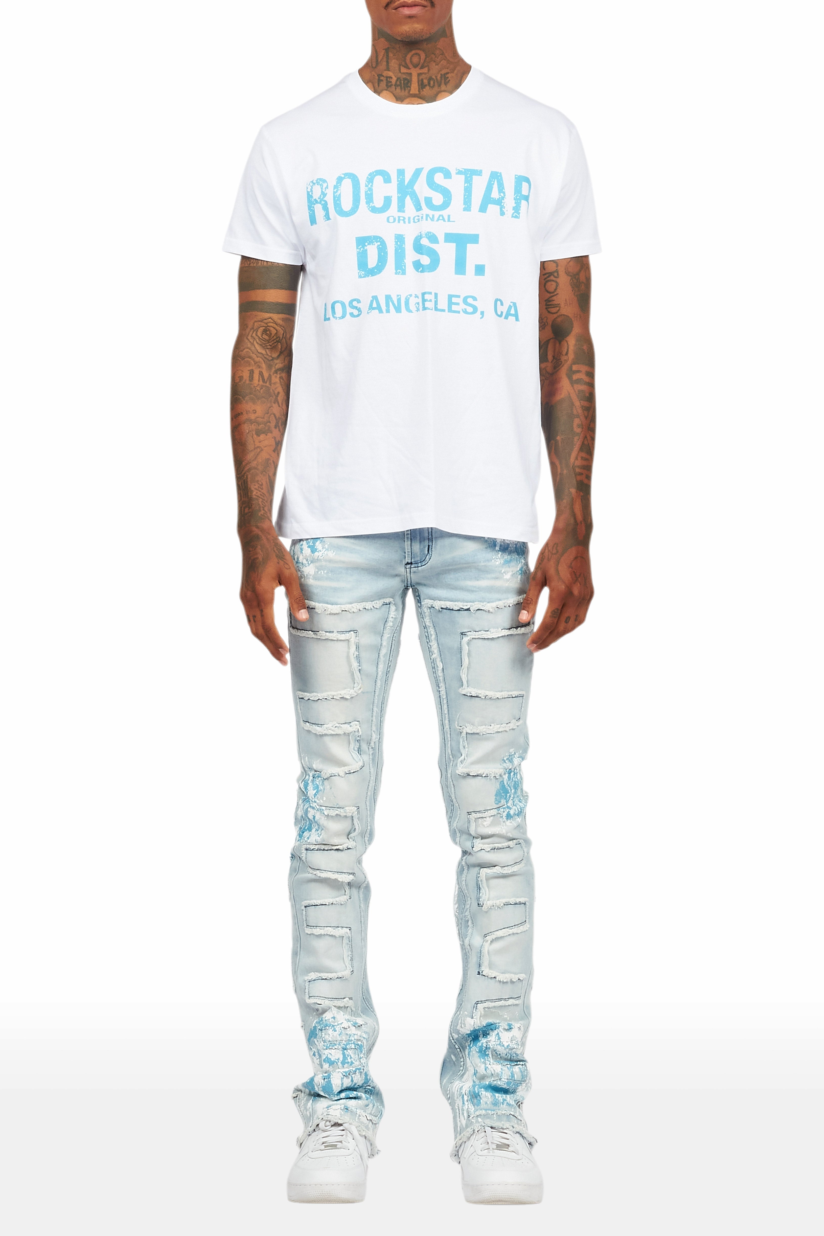 Saxon White/Blue T-Shirt/Stacked Flare Jean Set