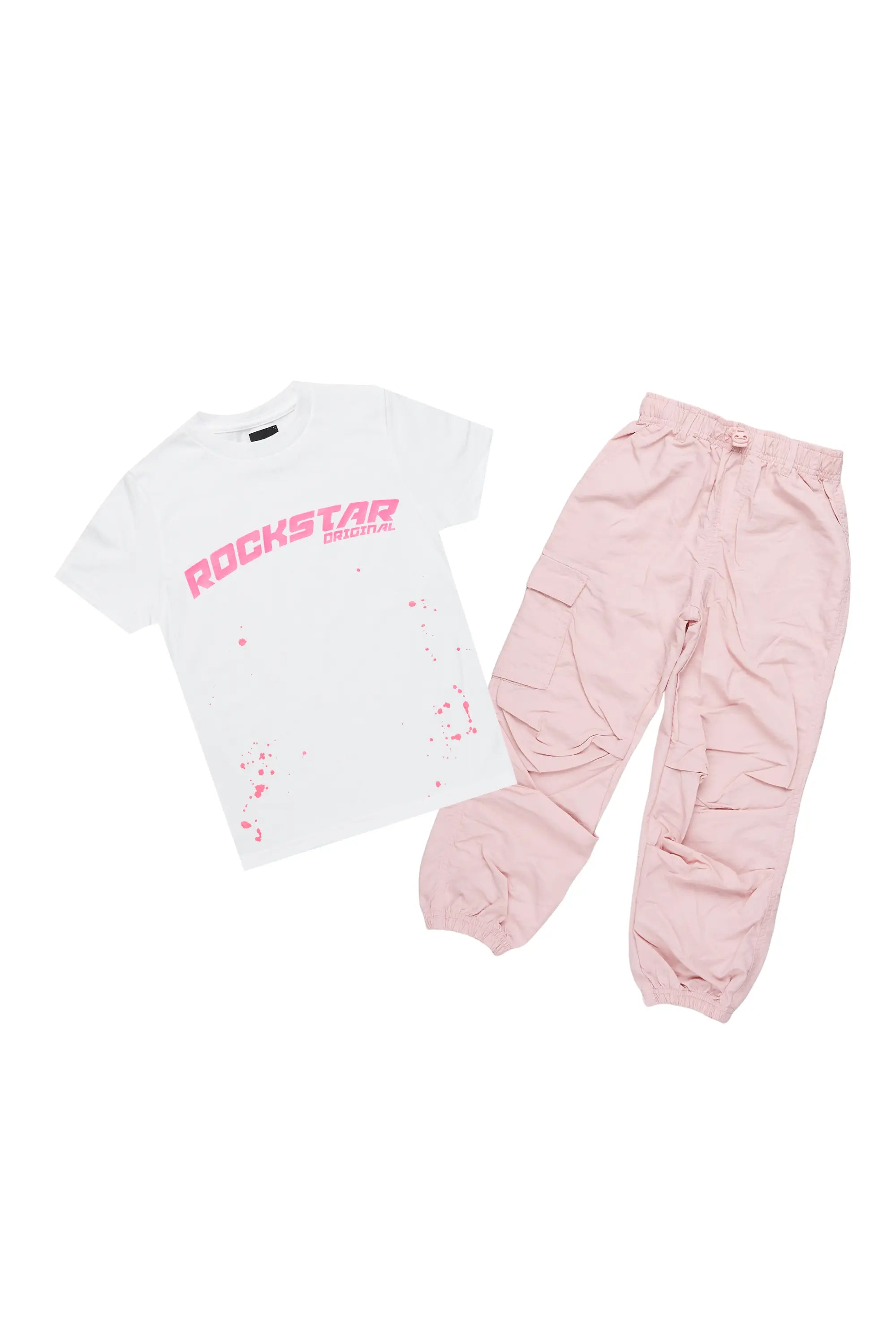 Girls Quincy White/Pink T-Shirt Cargo Jogger Set
