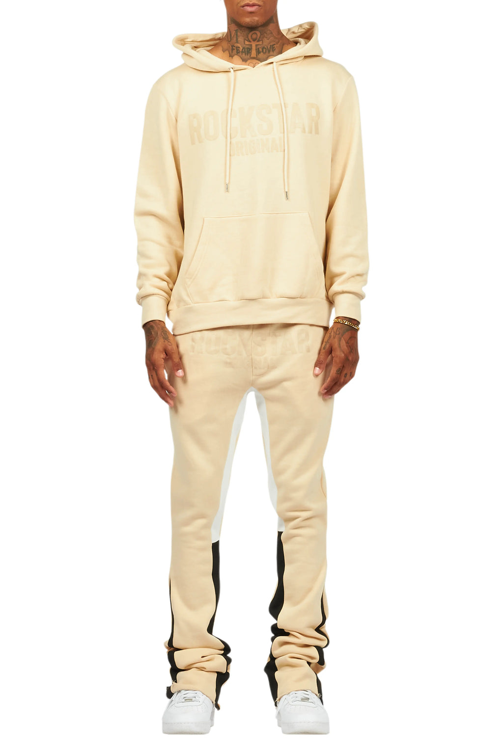 Sana Beige Hoodie/Stacked Flare Track Pant Set