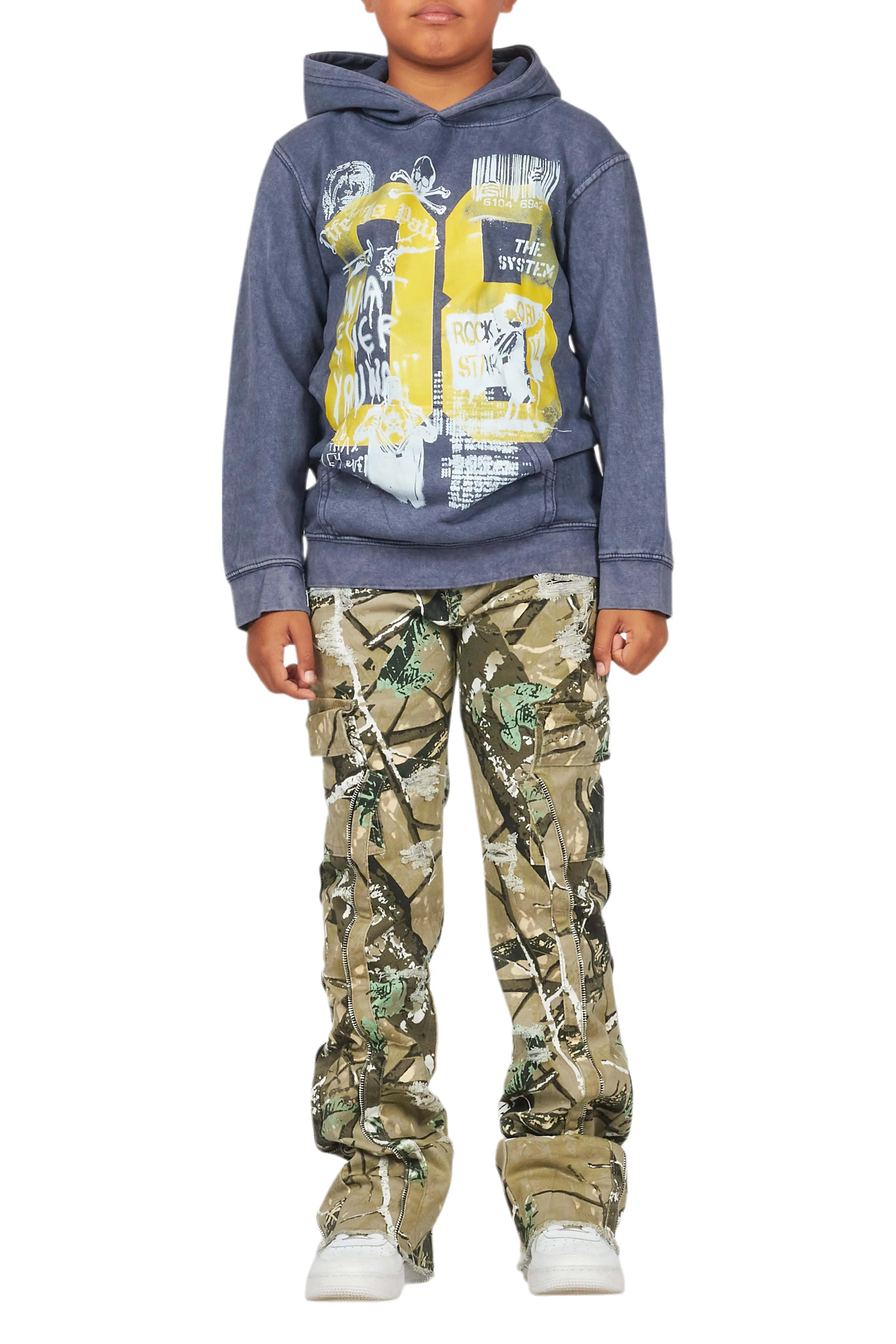 Boys Beau Vintage Navy Hoodie & Hutch Tree Camo Stacked Jean Set