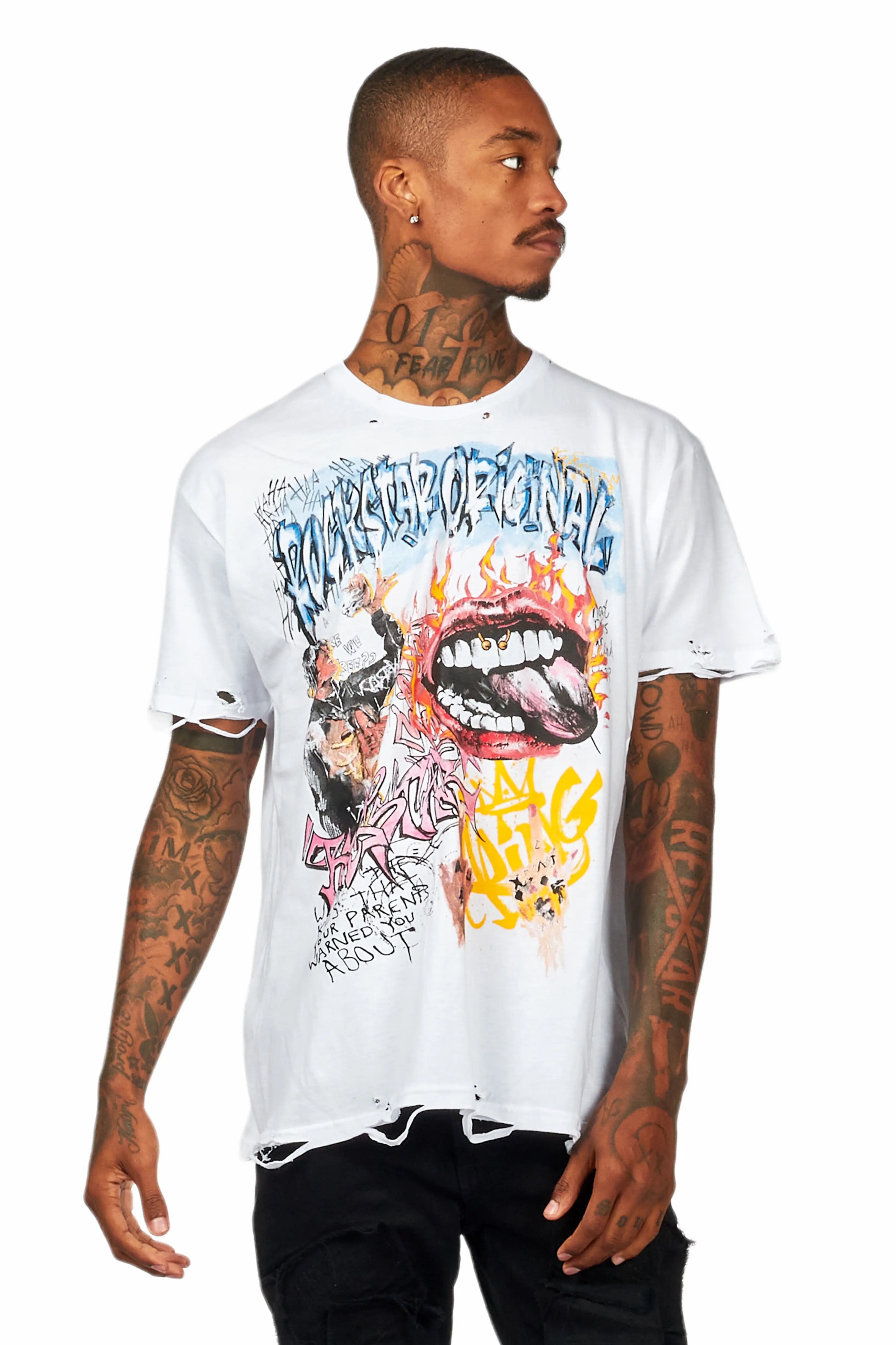 Yooz White Graphic Oversized T-Shirt