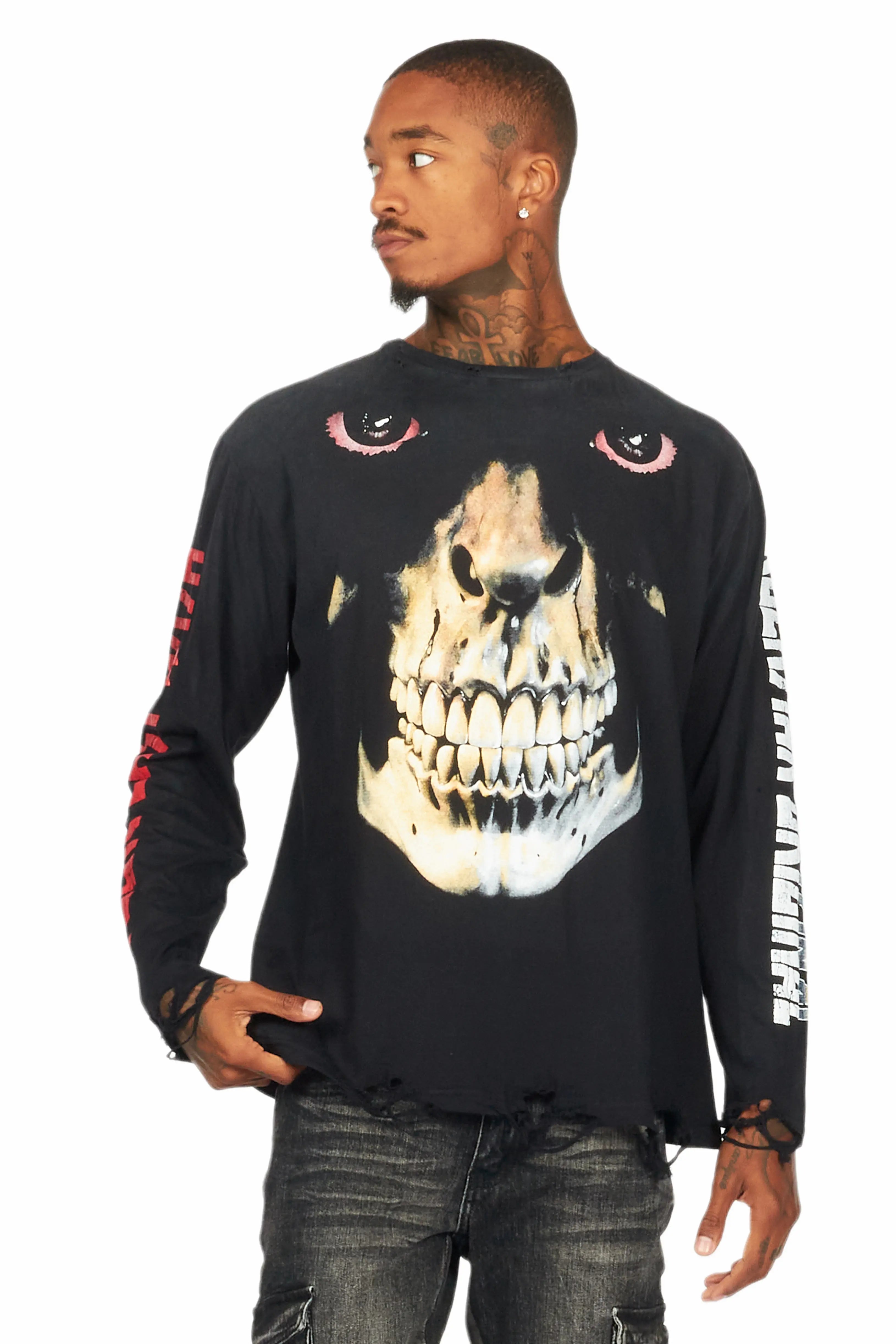 Dunebi Black Long Sleeve Distressed Graphic T-Shirt