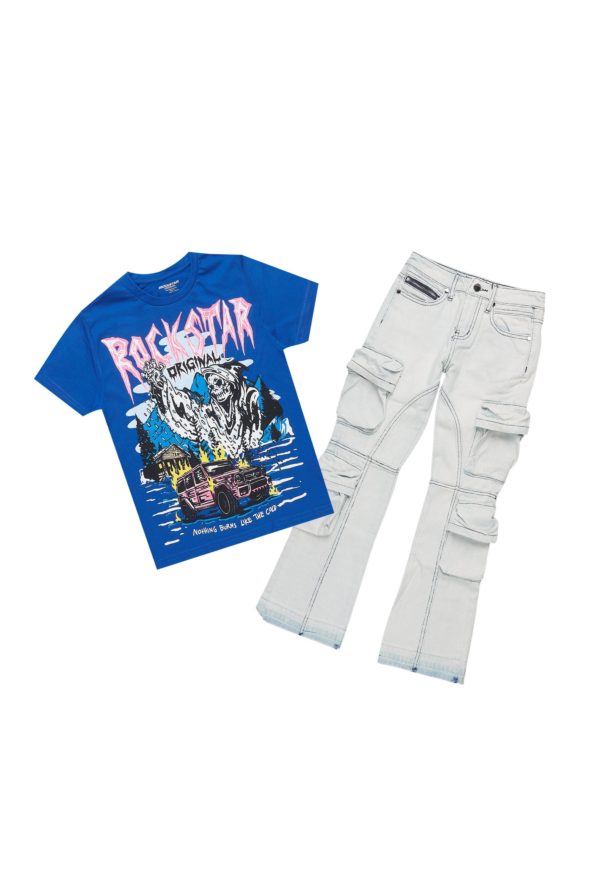 Boys Kip Royal/Blue T-Shirt/Stacked Flare Cargo Jean Set