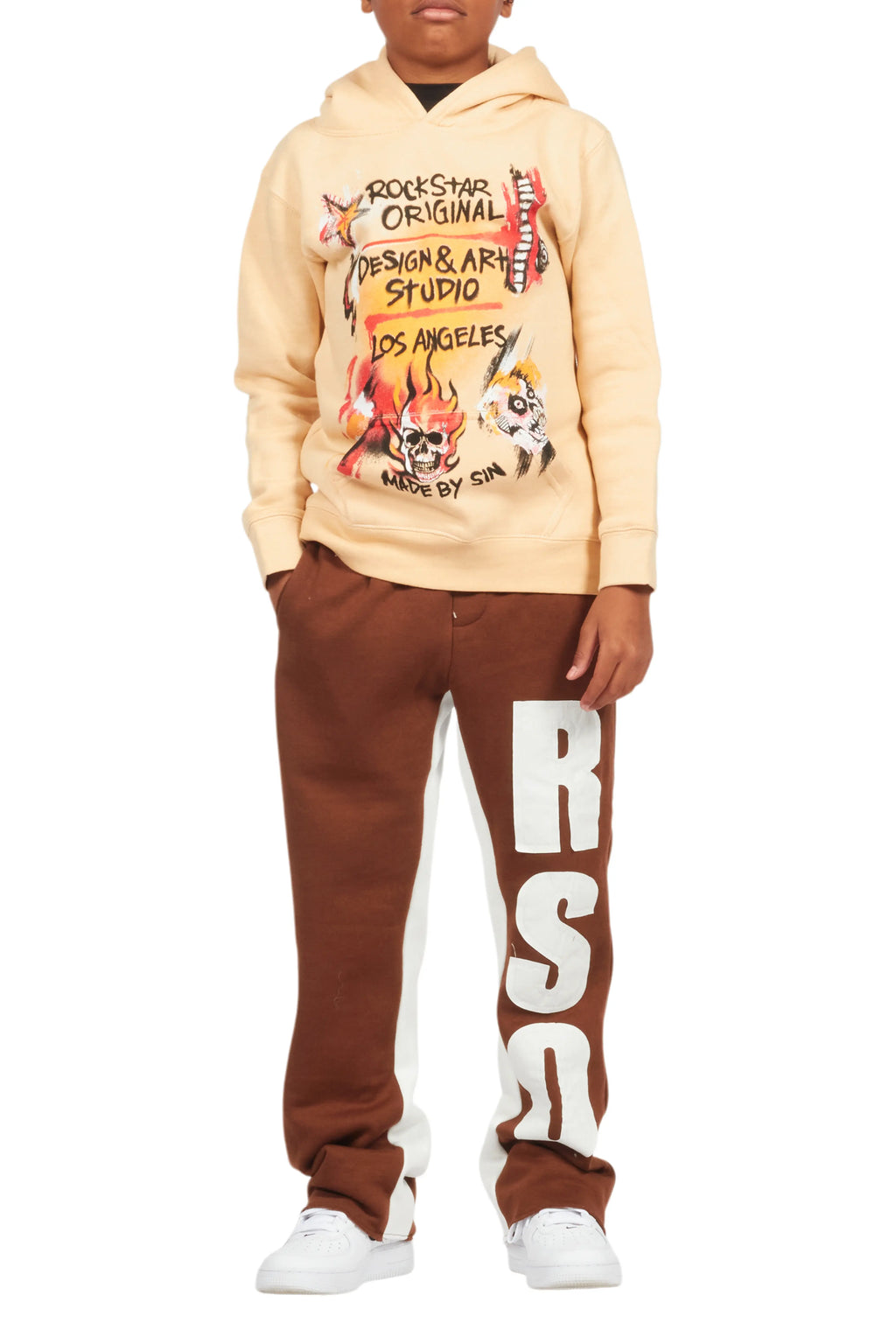Boys Uko Brown Stacked Baggy Flare Pant