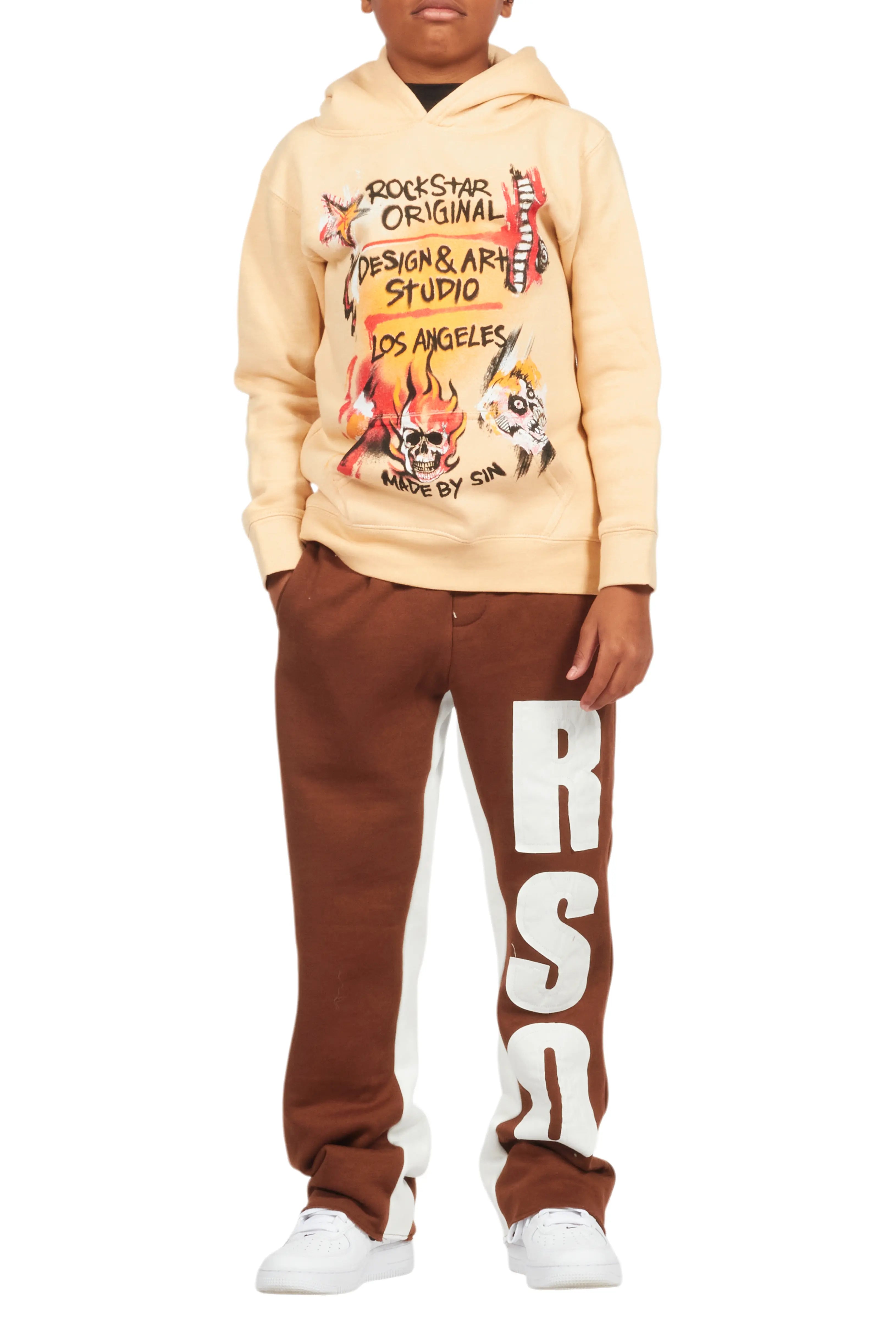 Boys Uko Brown Stacked Baggy Flare Pant