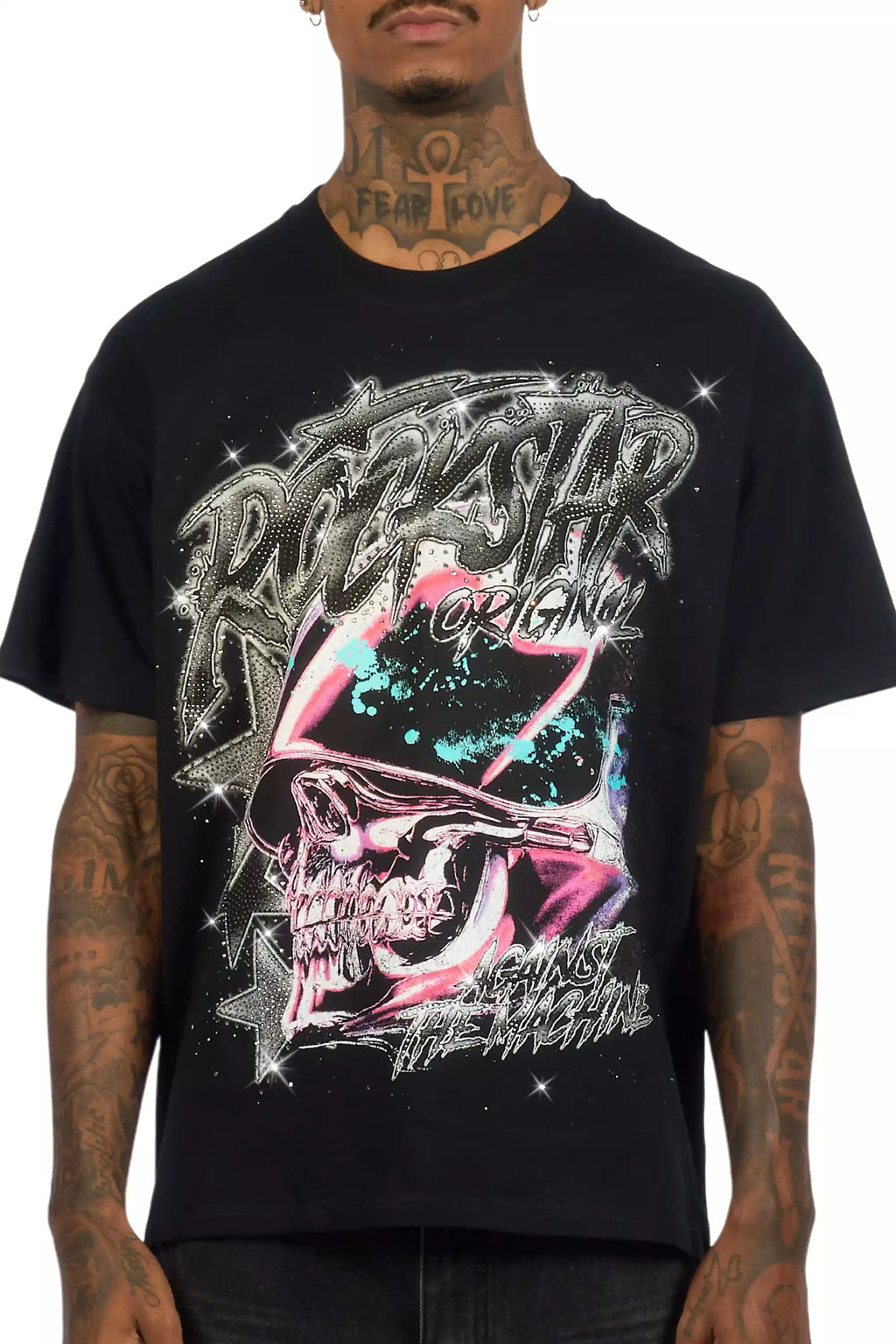 Outerworld Black Graphic Rhinestone T-Shirt