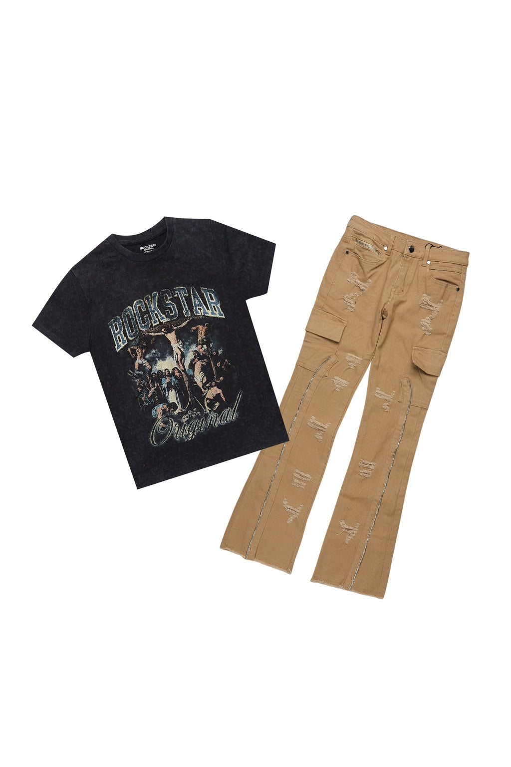 Boys Waller Black/Beige T-Shirt/Stacked Flare Jean Set