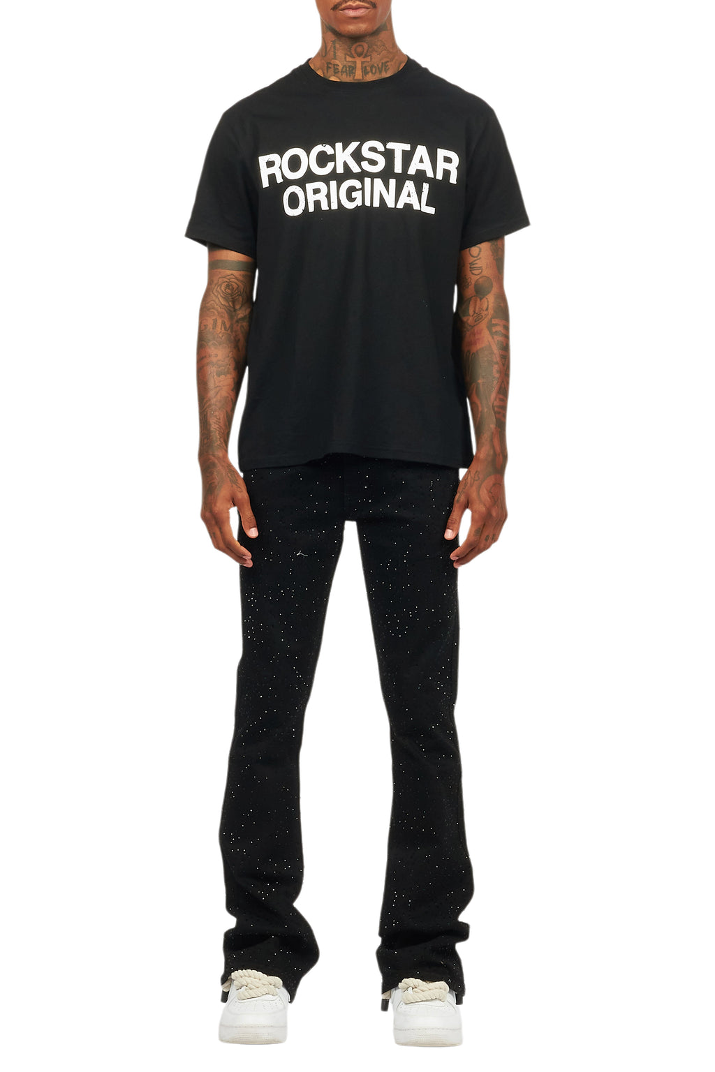 Lucki Black Rhinestone Stacked Flare Jean