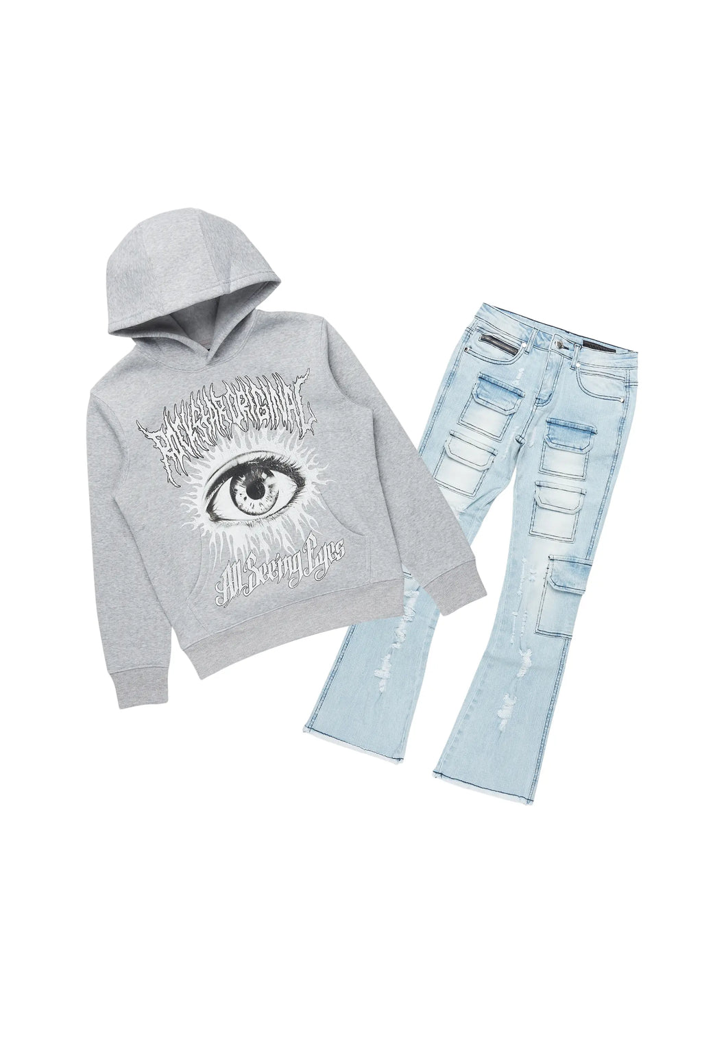 Boys All Seeing Eyes Blue/Light Grey Hoodie/Stacked Flare Jean Set