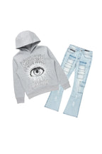 Boys All Seeing Eyes Blue/Light Grey Hoodie/Stacked Flare Jean Set