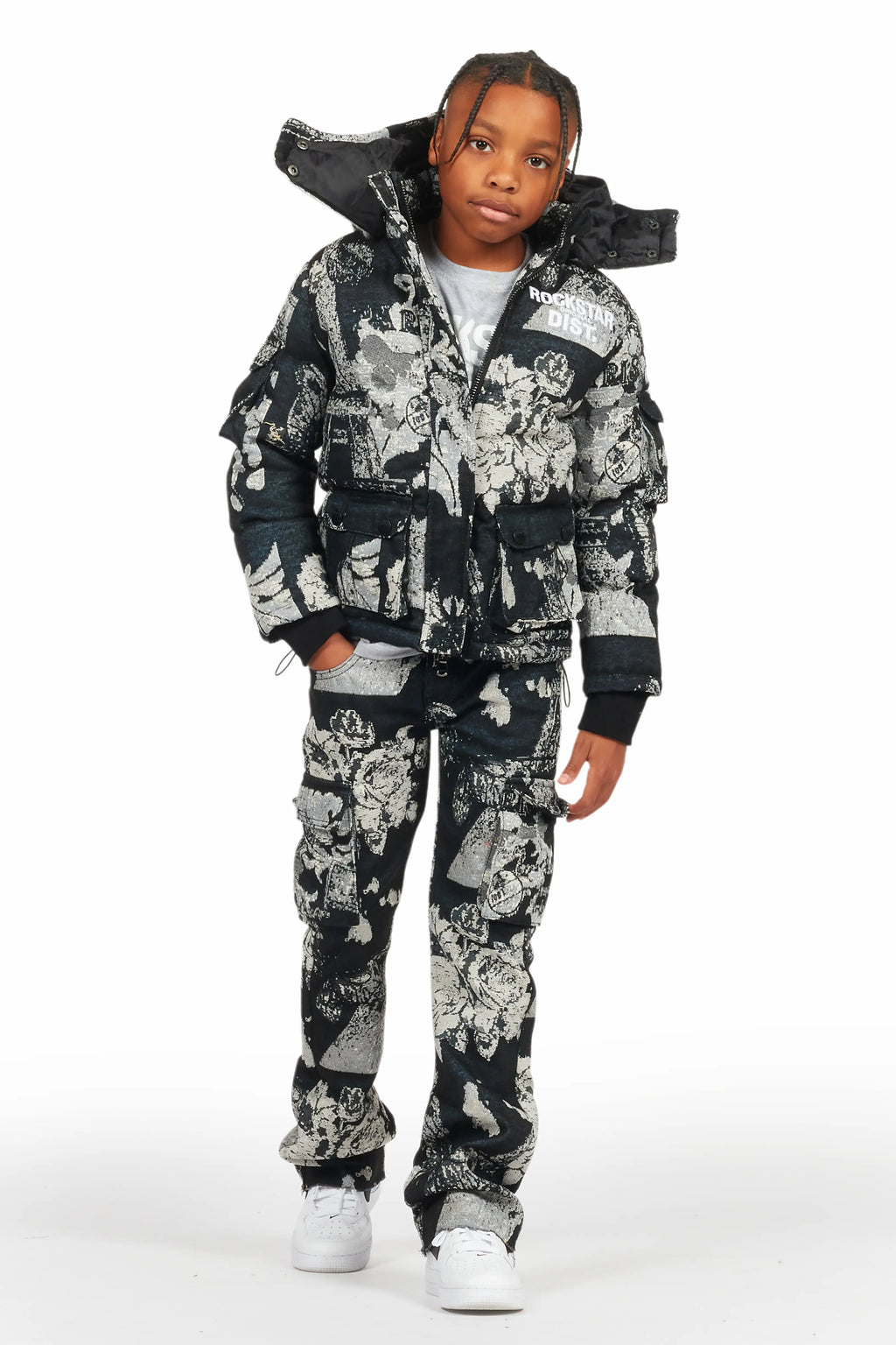 Boys Lamont Black Tapestry Puffer Jacket/Flare Jean Set