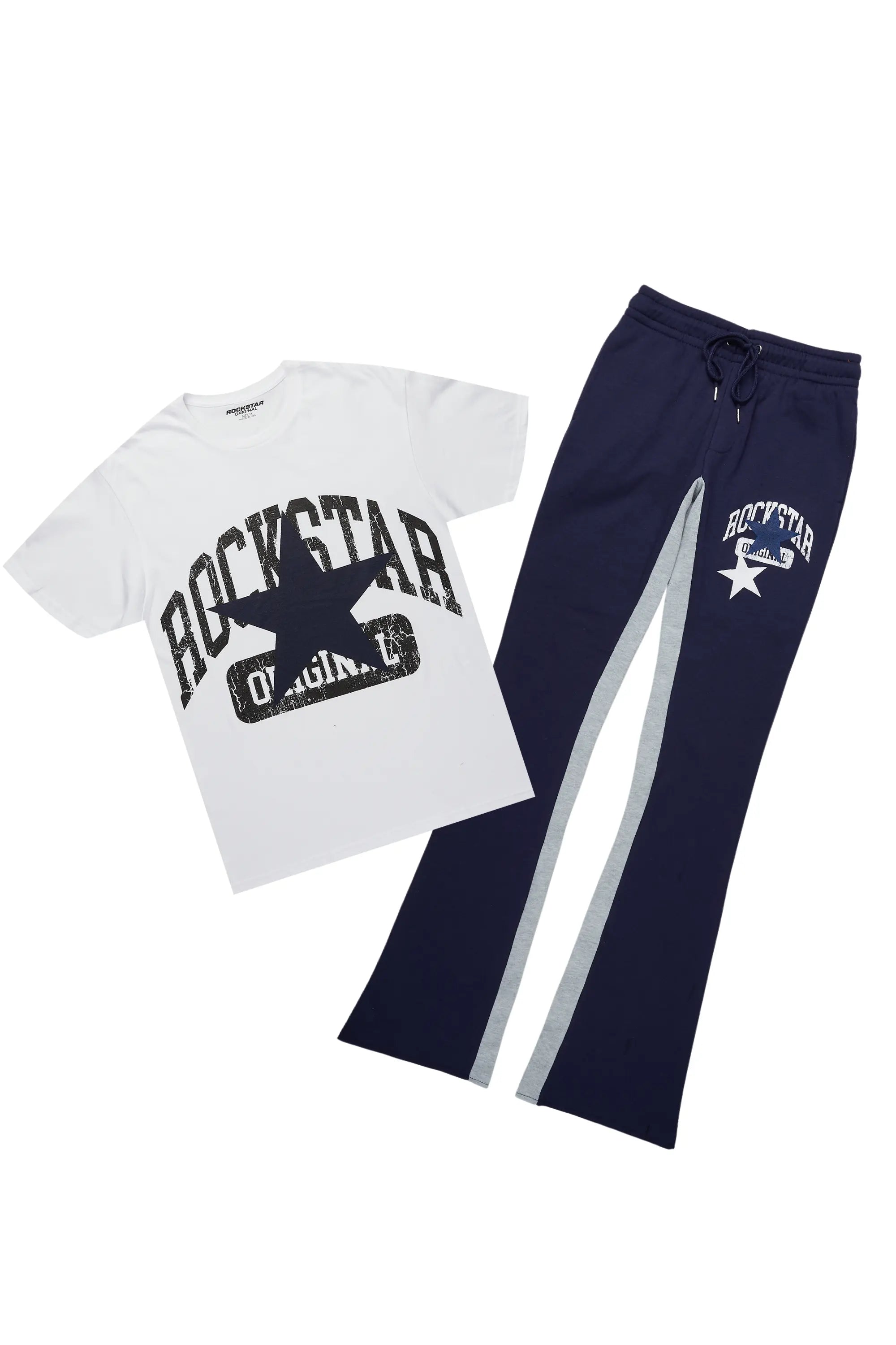 Mallor White/Navy T-Shirt/Stacked Baggy Track Pant Set