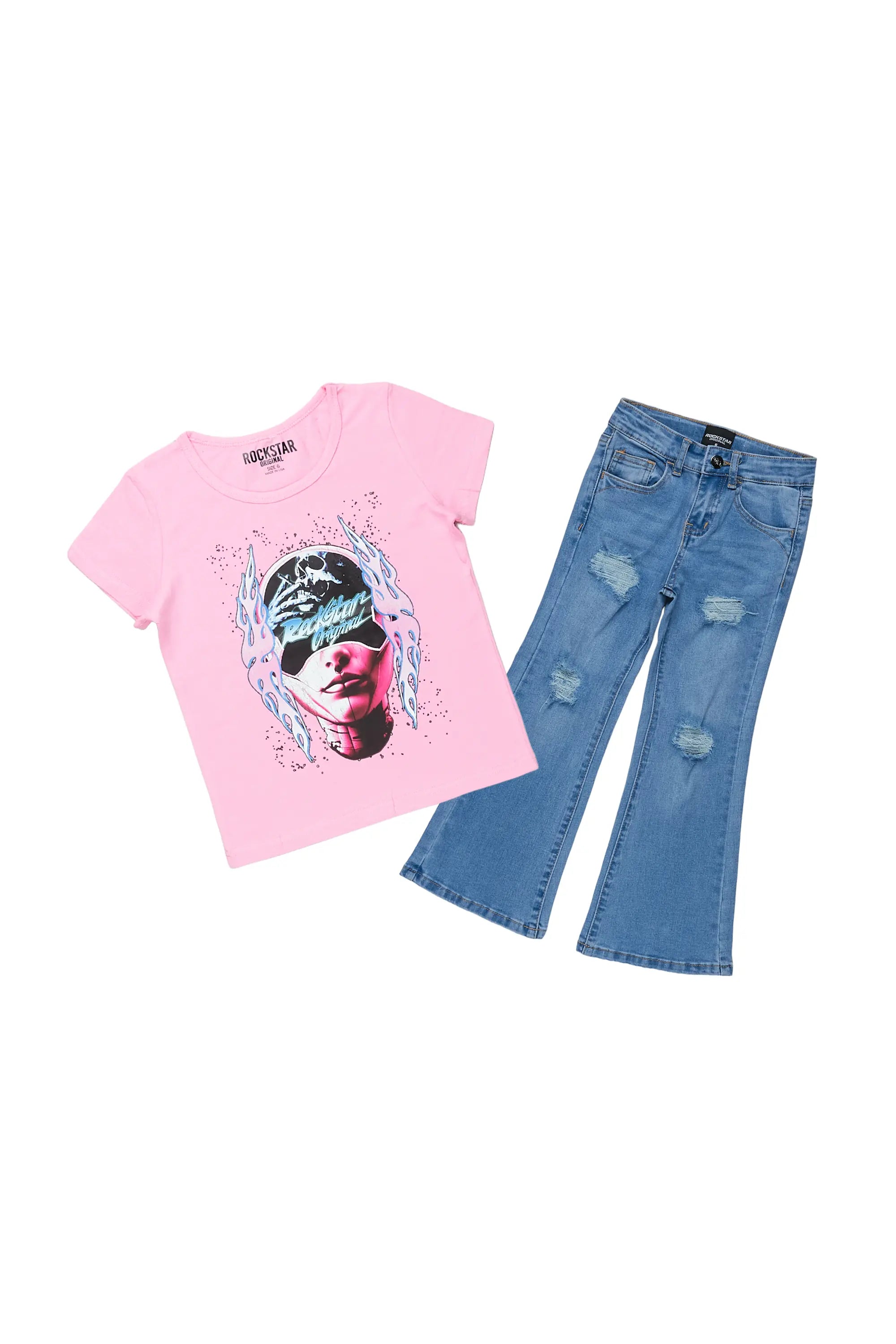 Girls Canika Pink T-Shirt Flare Jean Set