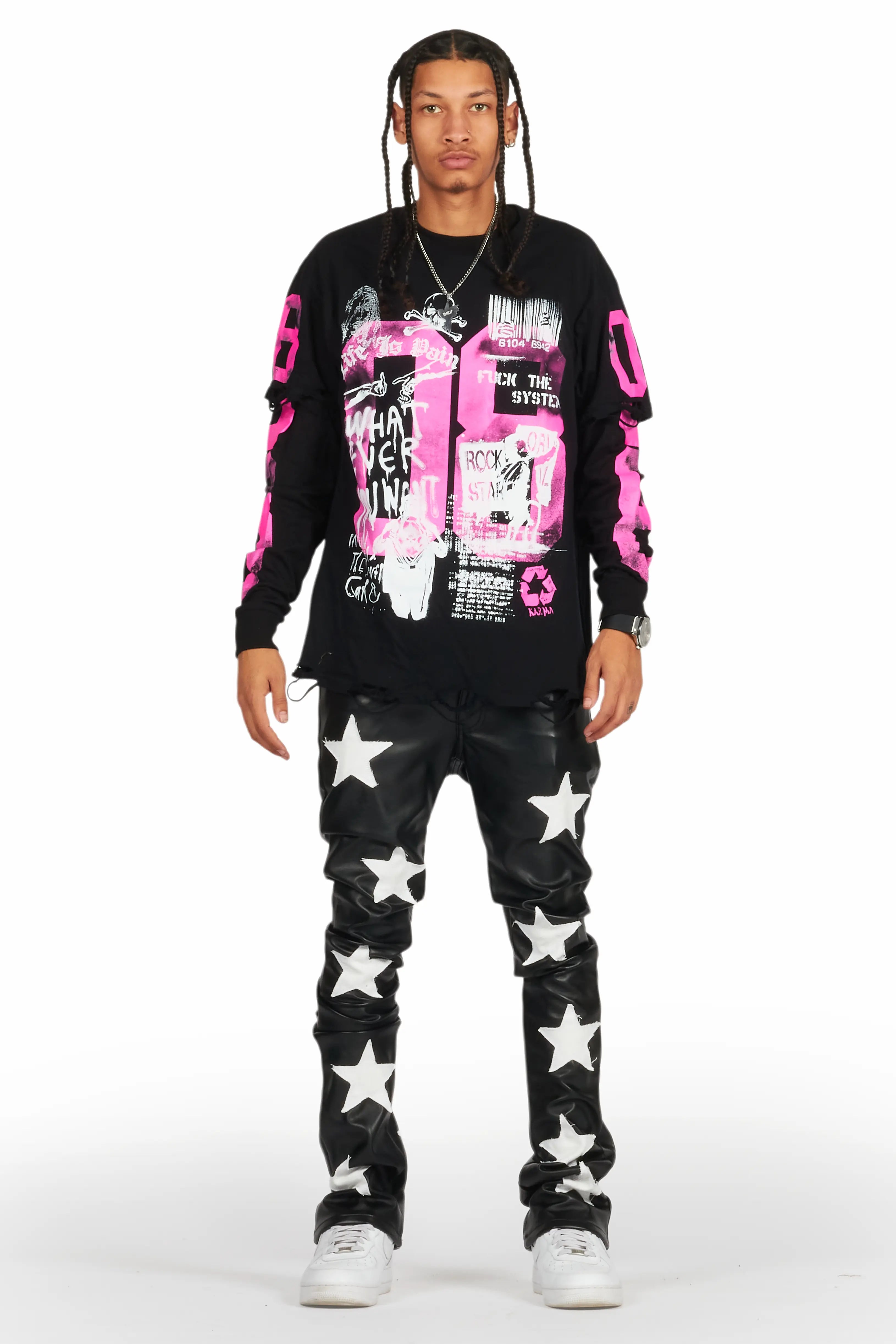 Steen Black PU Stacked Flare Jean