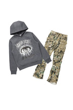 Boys All Eyes Dark Grey Hoodie/Stacked Flare Jean Set