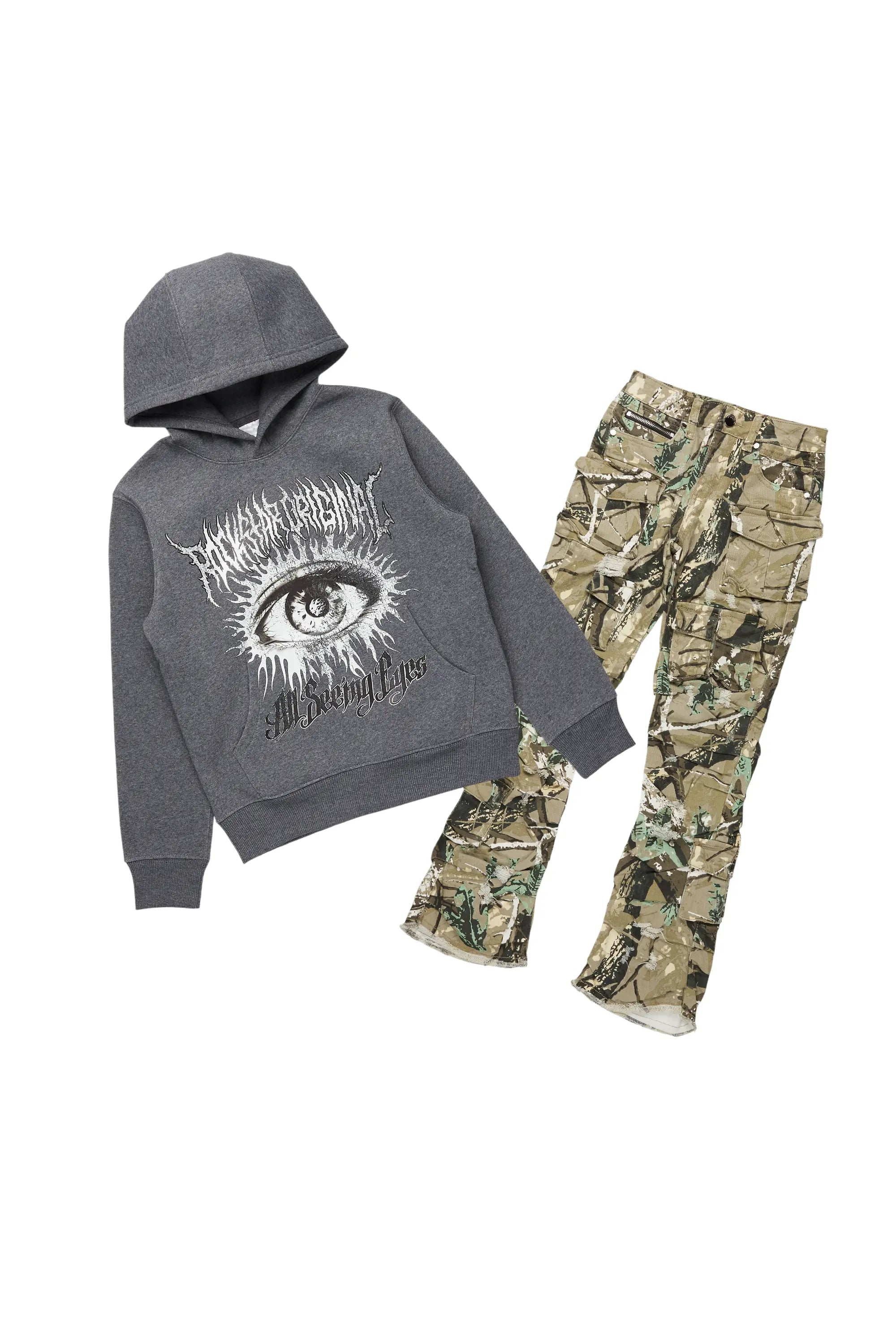 Boys All Eyes Dark Grey Hoodie/Stacked Flare Jean Set