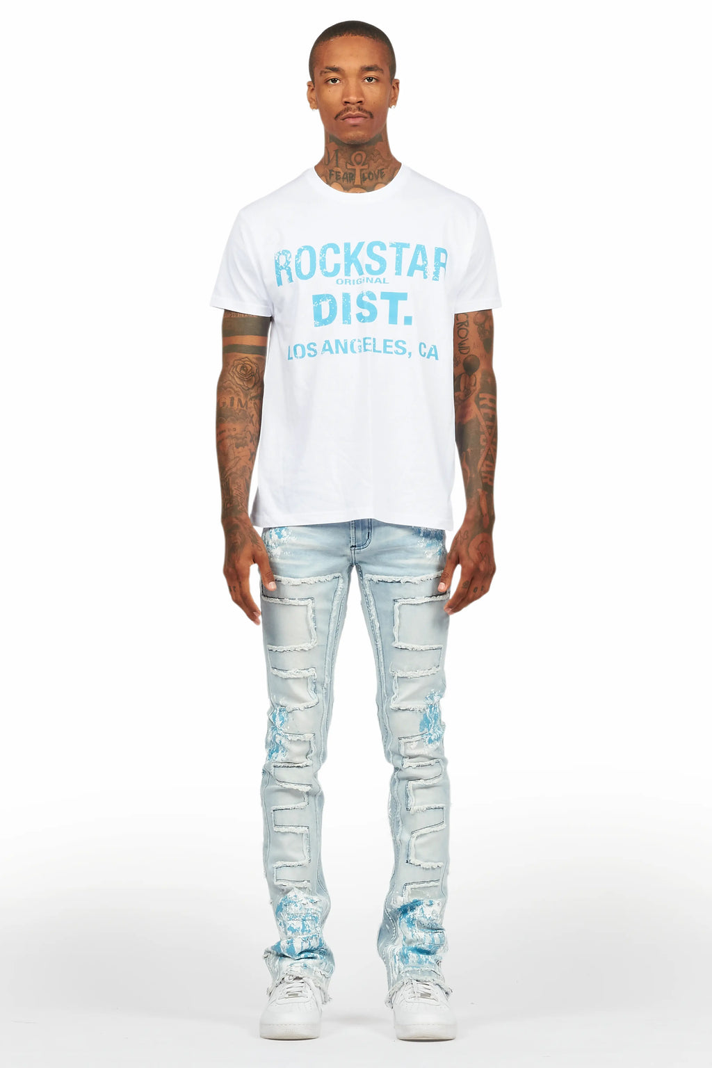 Saxon White/Blue T-Shirt/Stacked Flare Jean Set