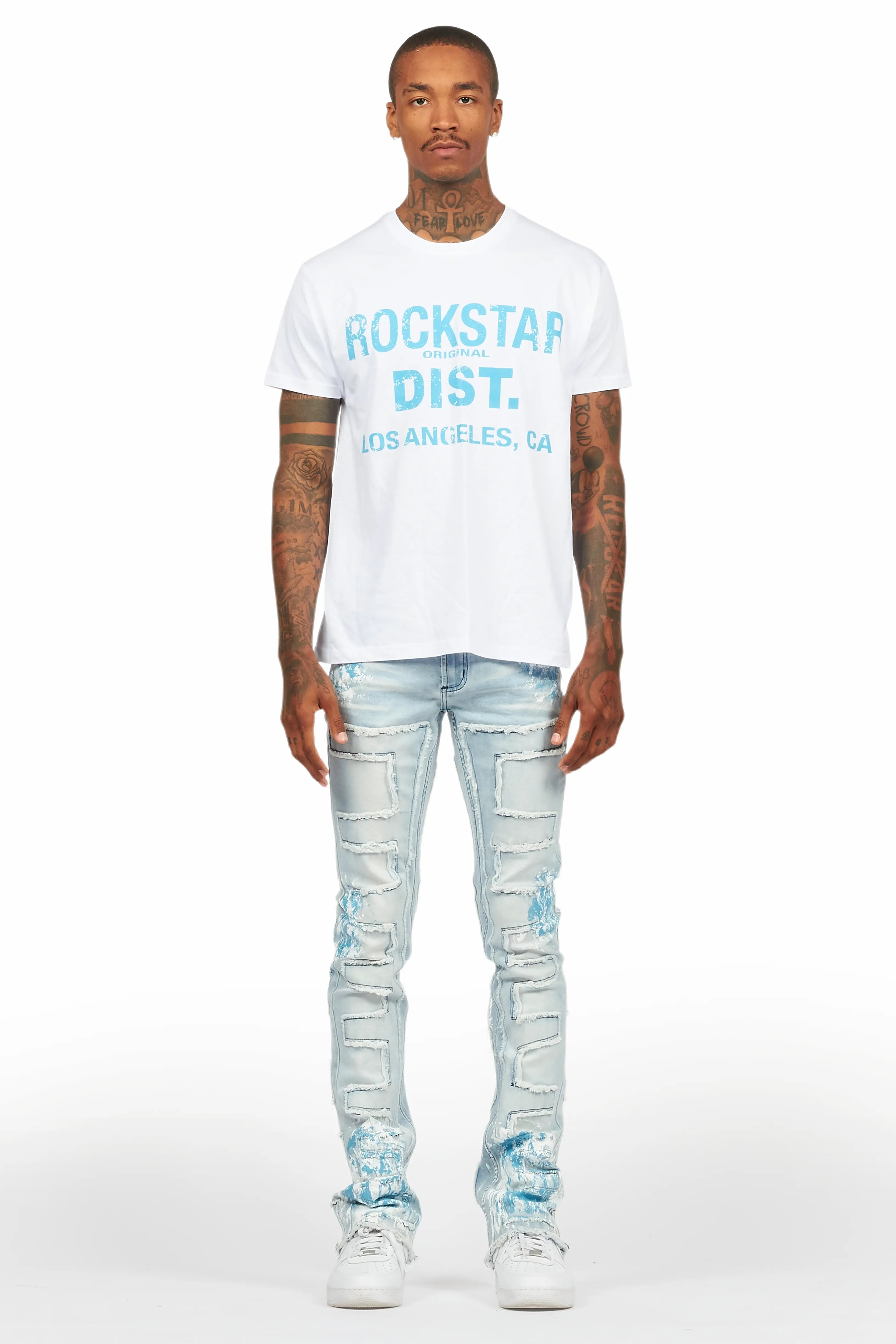 Saxon White/Blue T-Shirt/Stacked Flare Jean Set
