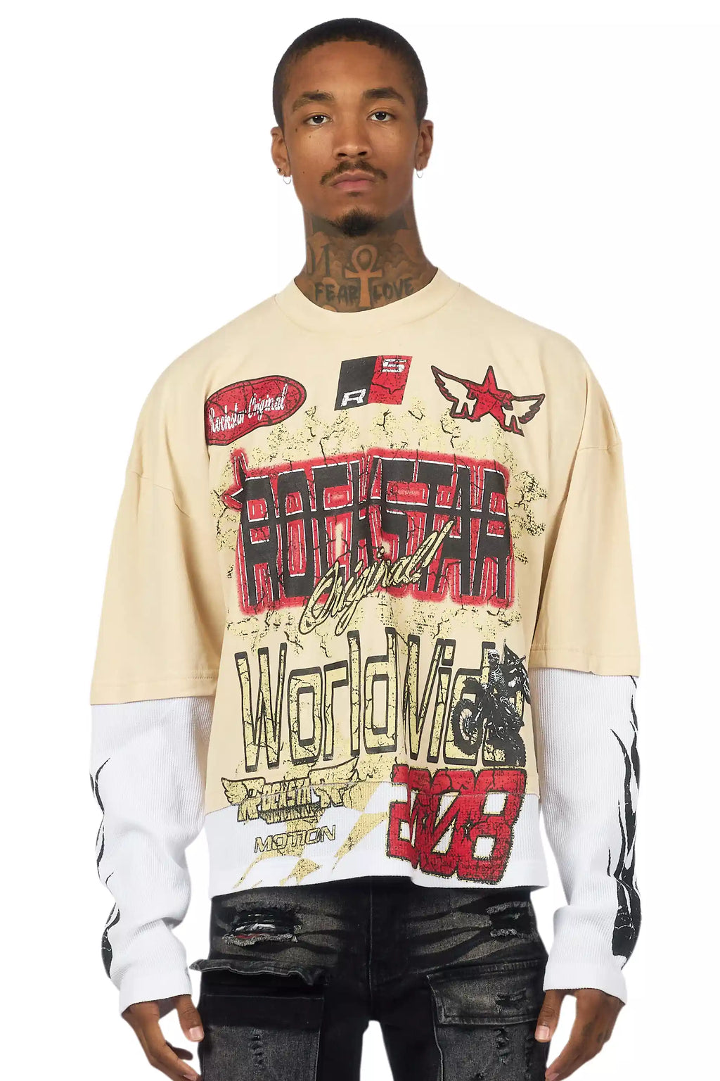 Deangelo Beige/Red Boxy Crop Double Layer Tee