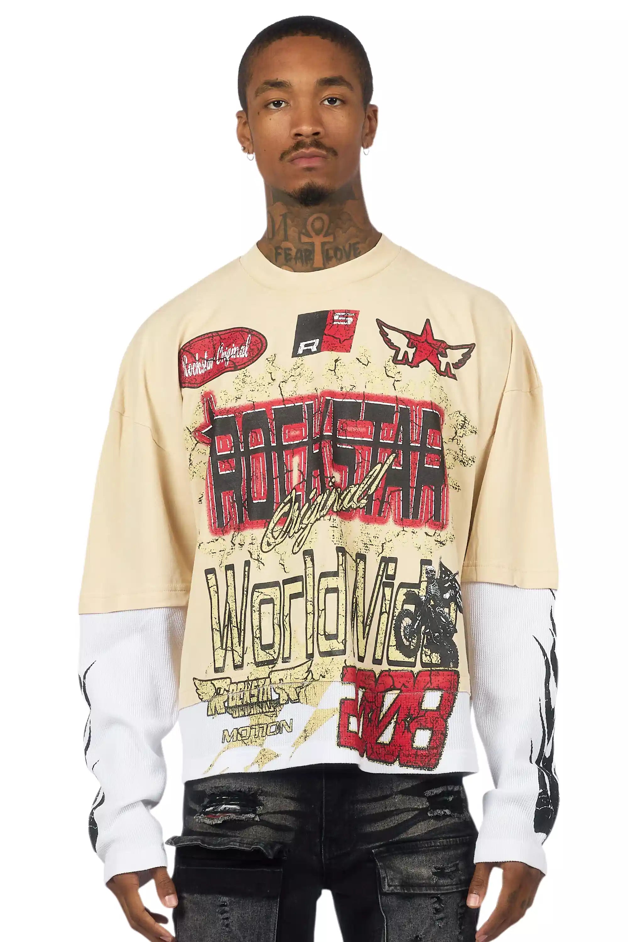 Deangelo Beige/Red Boxy Crop Double Layer Tee