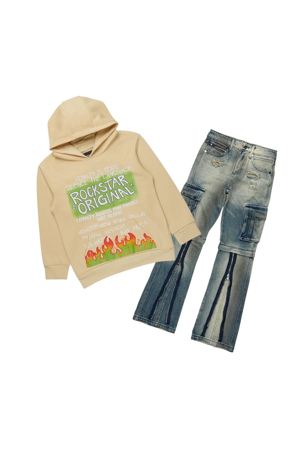 Boys Beno Beige/Blue Hoodie/Baggy Fit Jean Set