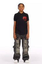 Boys Mahesh Dark Grey Tint Wash  Baggy Cargo Jean