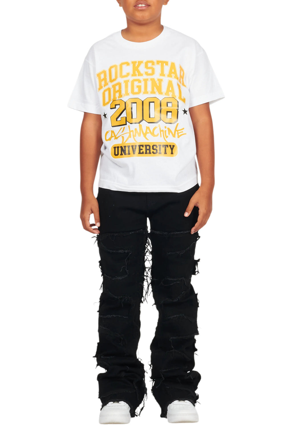 Boys White Loic T-Shirt/Stacked Flare Jean Set