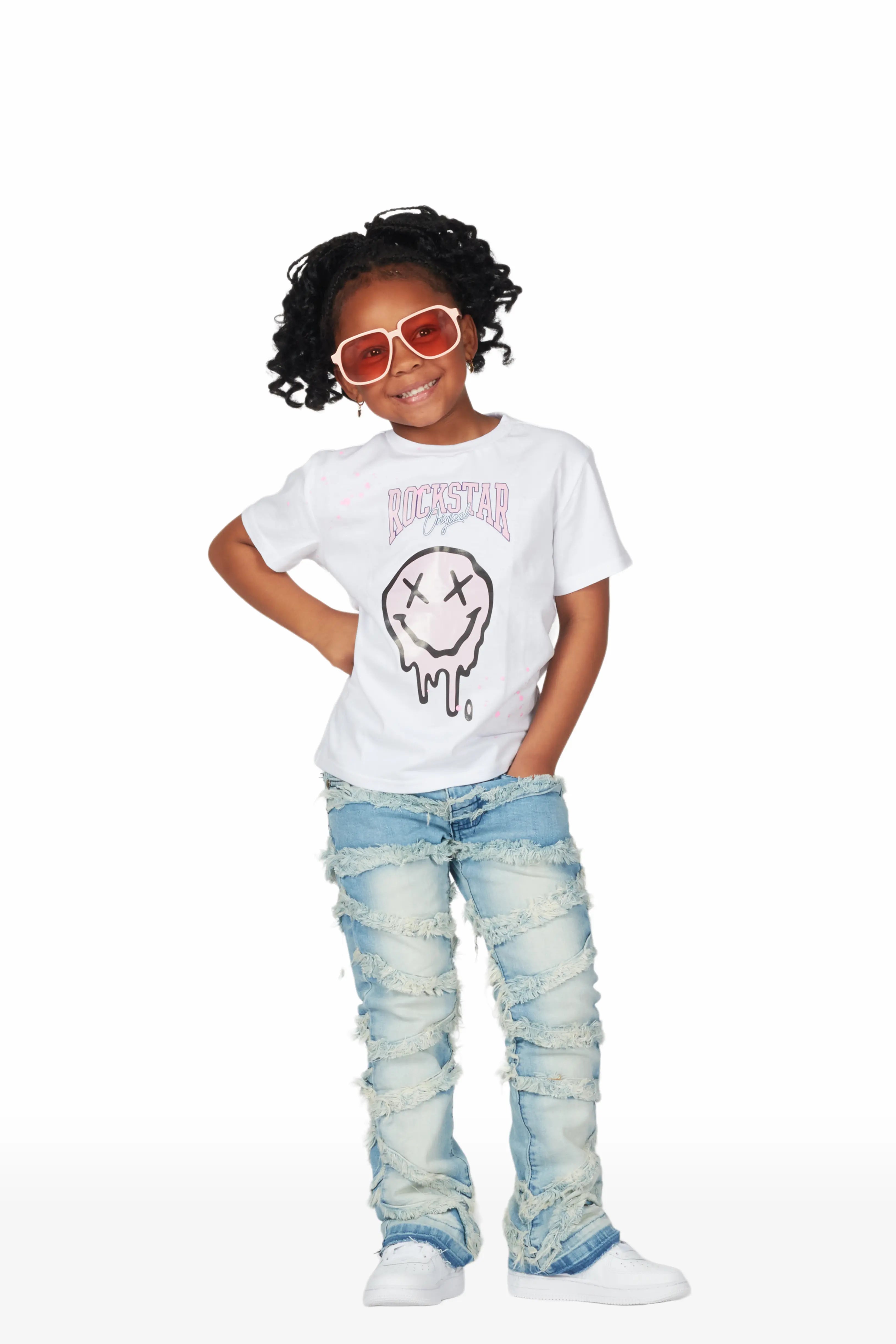 Girls Kaley White/Blue T-Shirt/Stacked Flare Jean Set